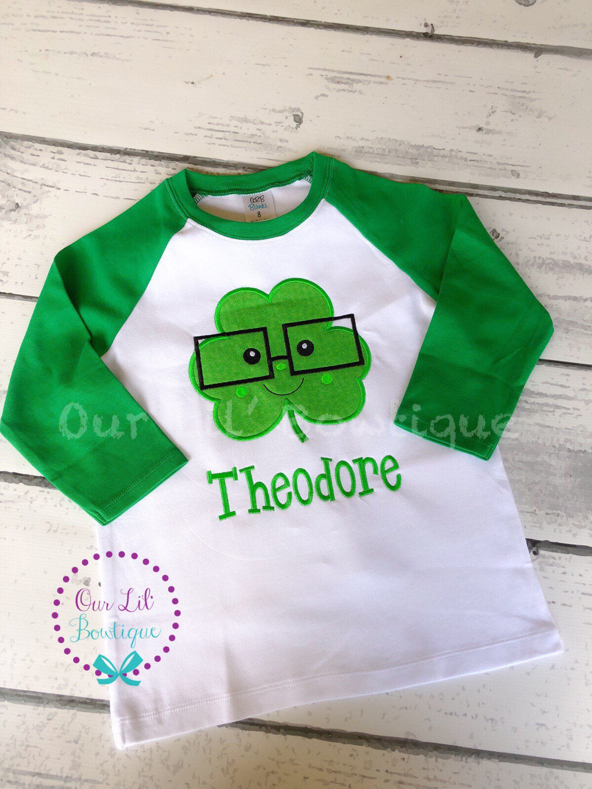 Personalized St. Patrick's Day Raglan Shirt: Shamrock Glasses Appliqué