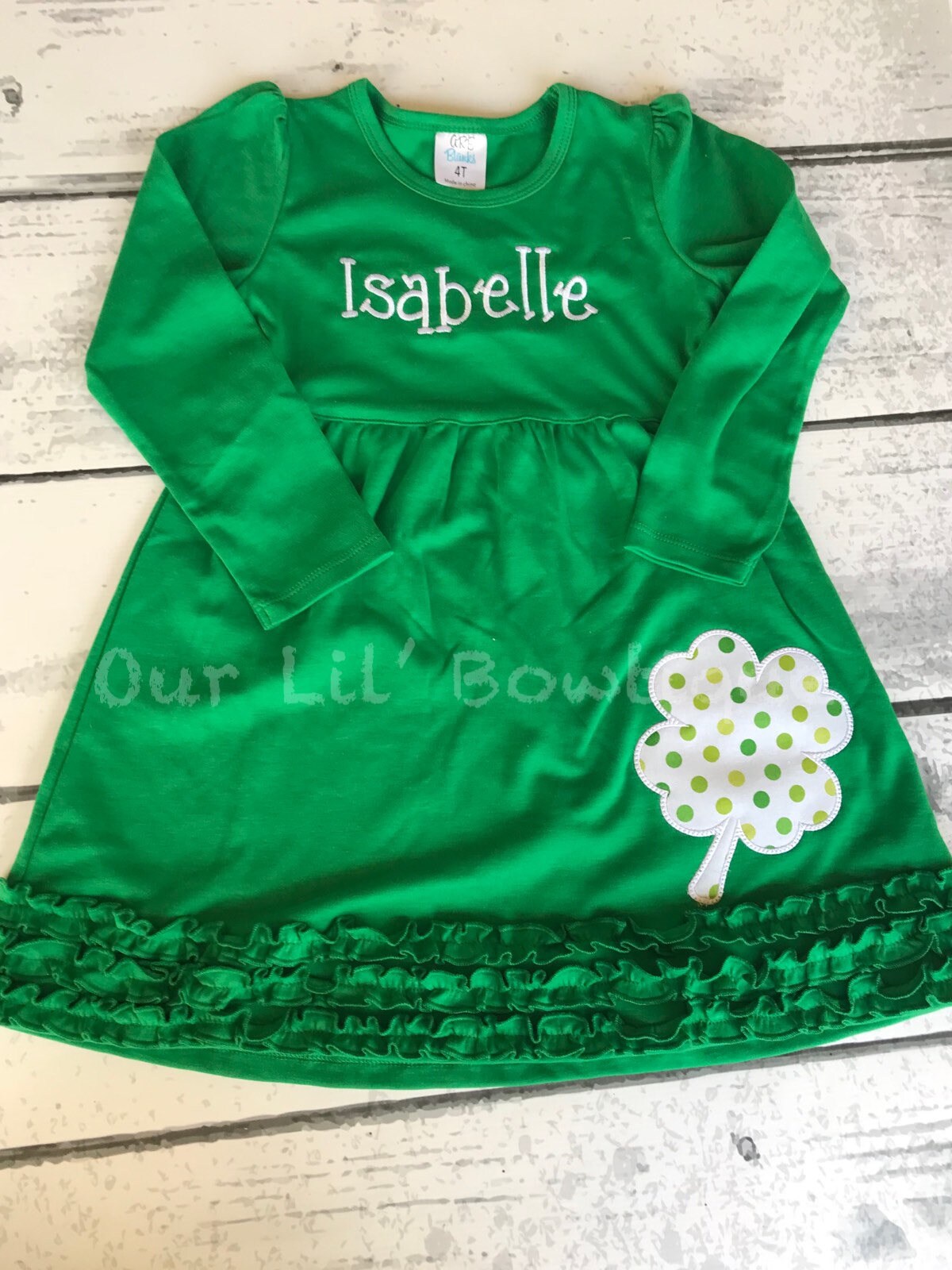 Girls St. Patrick's Day Dress: Four Leaf Clover Applique, Monogram Option