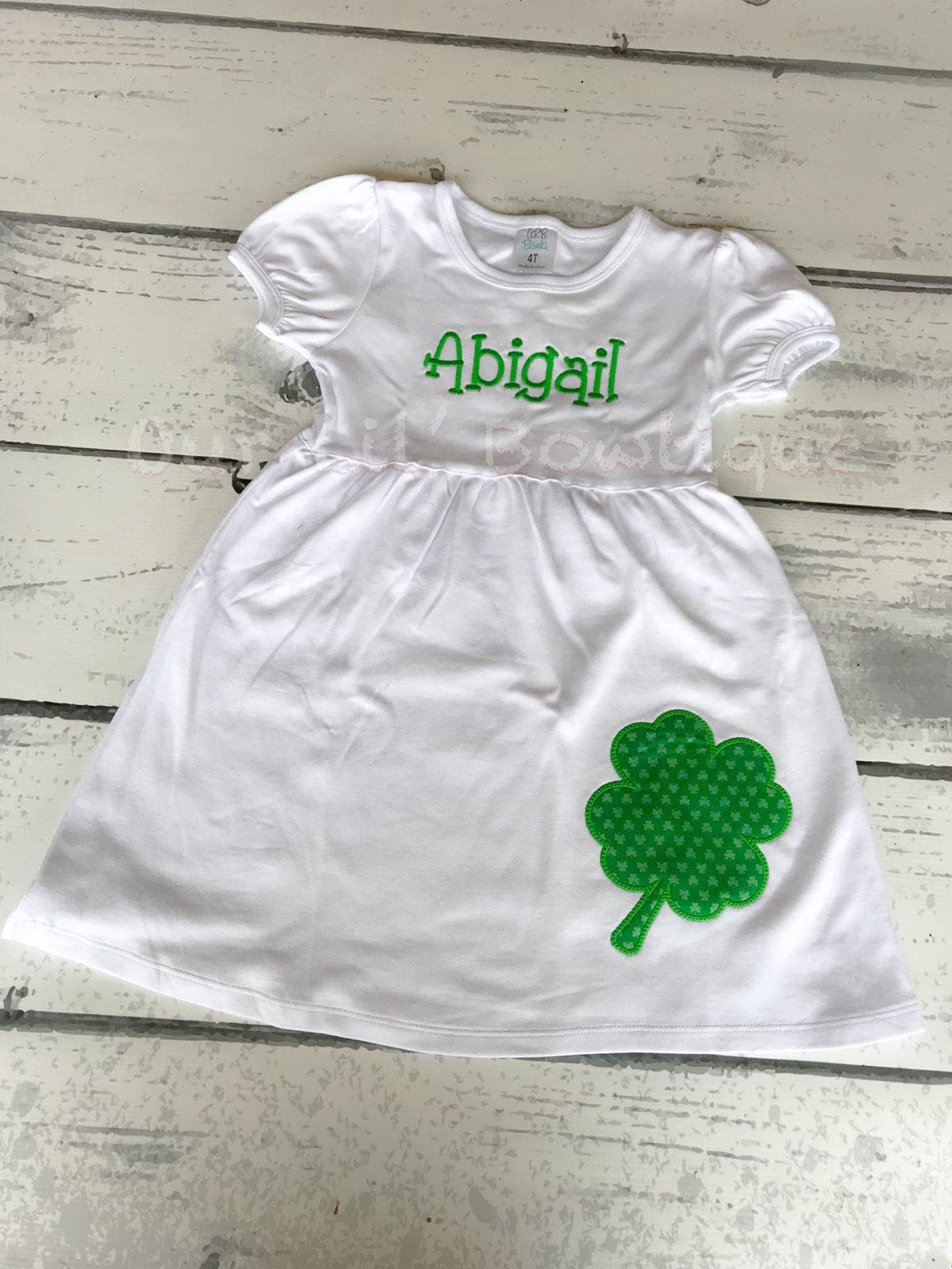 Girls St. Patrick's Day Dress: Four Leaf Clover Applique, Monogram Option