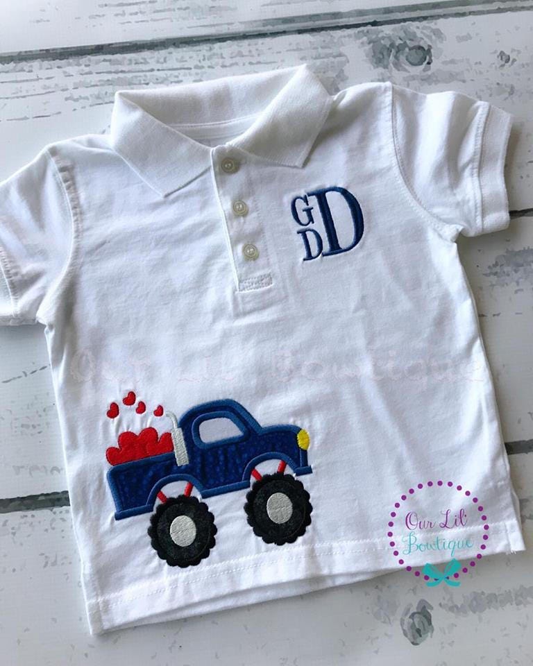 Valentine Monster Truck Polo - Boys Monogrammed Shirt - Valentine Shirt