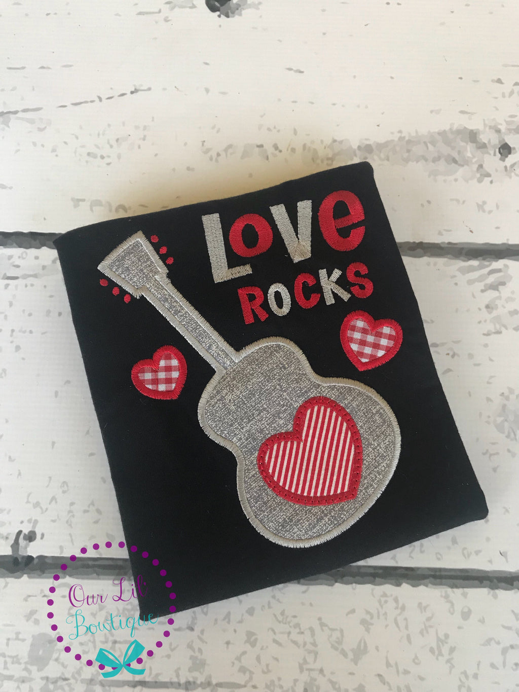 Valentine's Day Raglan Shirt: Love Rocks Guitar Appliqué, Personalized
