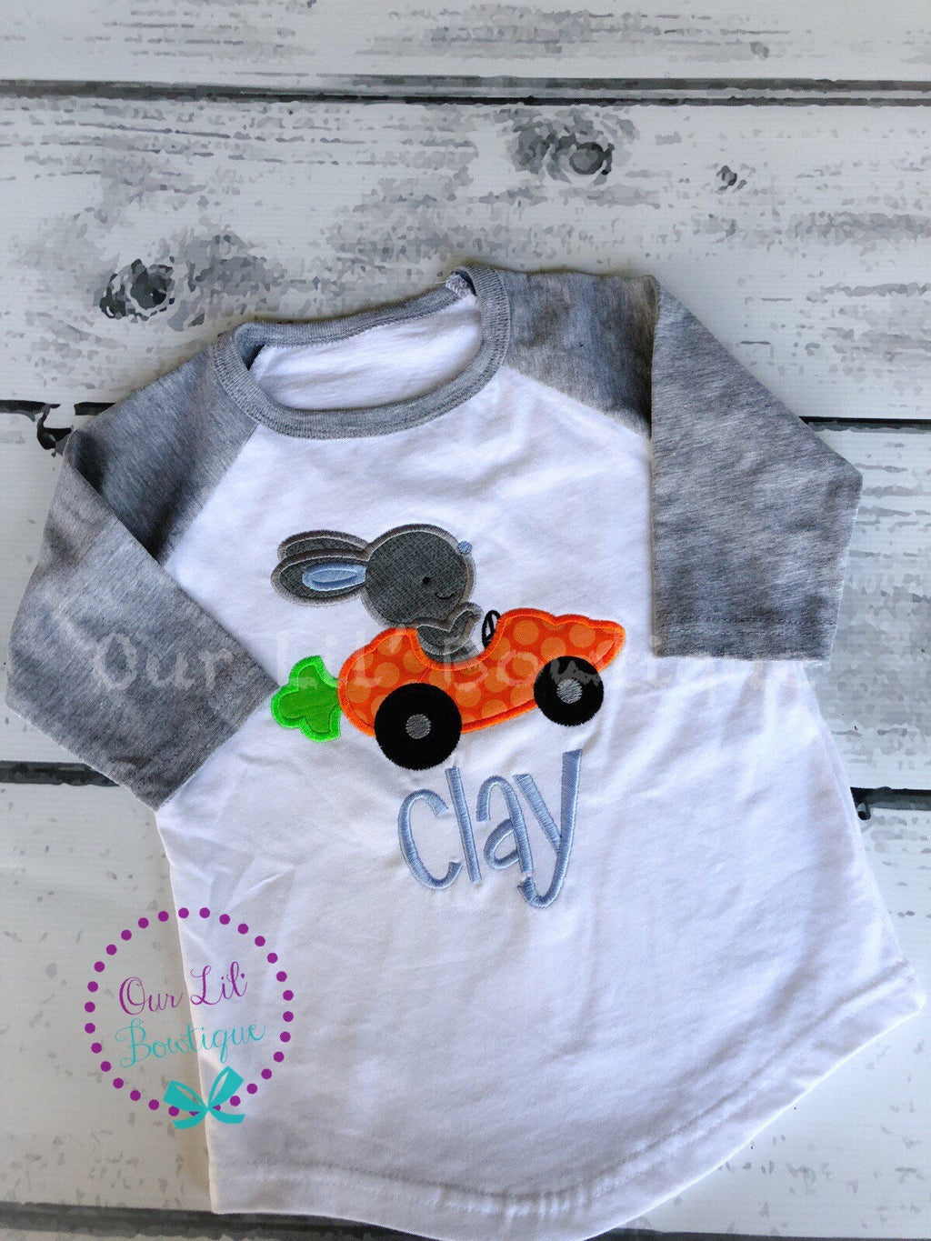 Personalized Easter Raglan Shirt: Bunny Carrot Car Appliqué