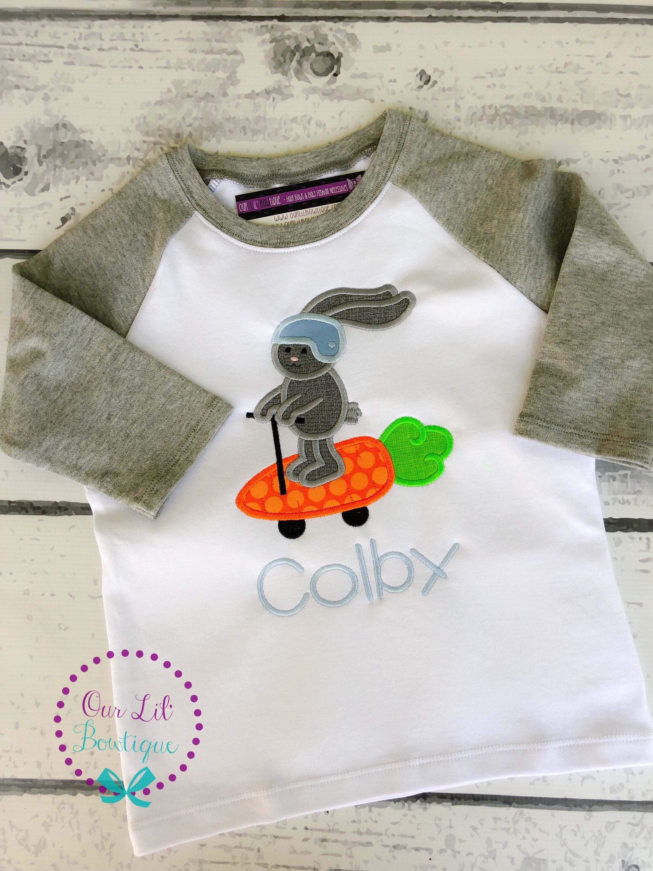 Personalized Easter Raglan: Bunny Carrot Scooter Appliqué Shirt