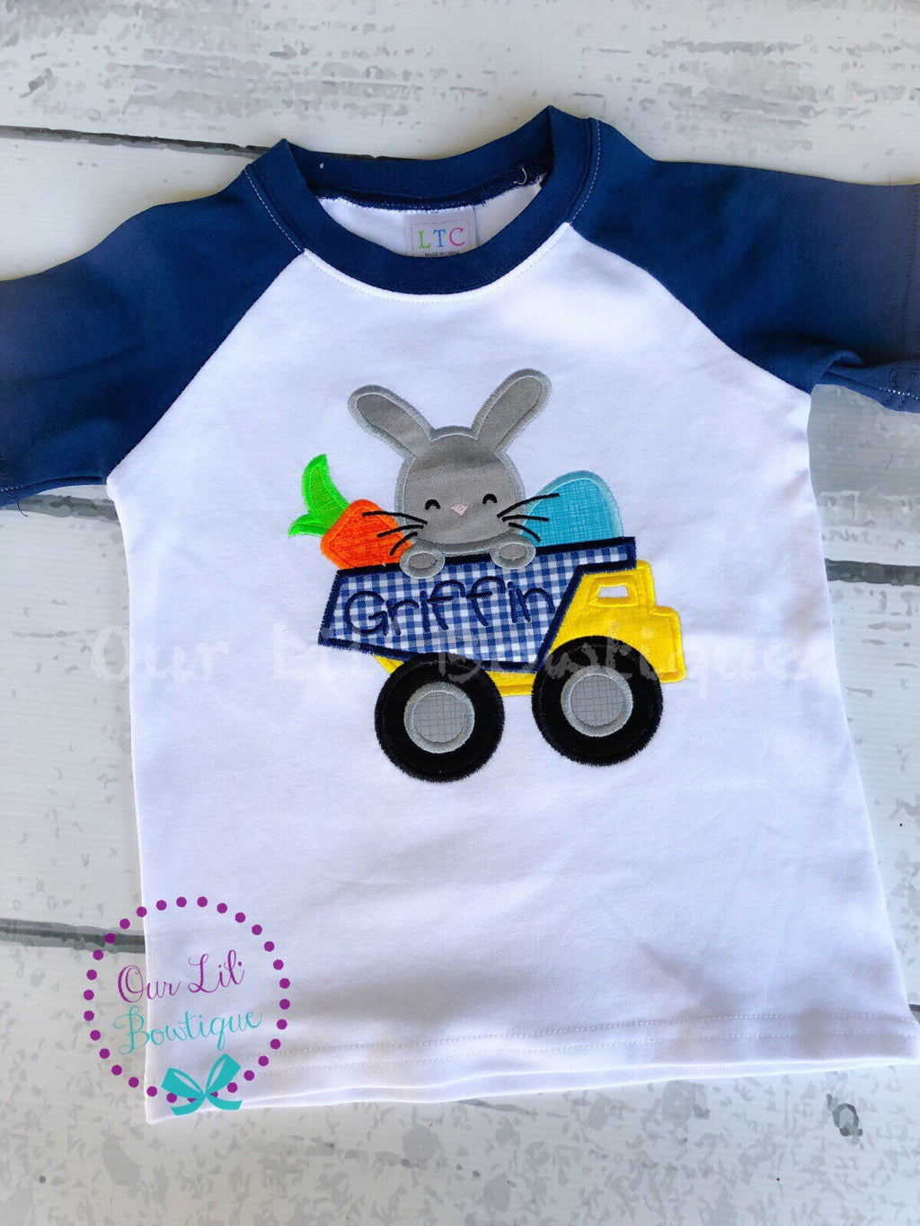 Personalized Easter Raglan: Bunny Dump Truck Appliqué Shirt