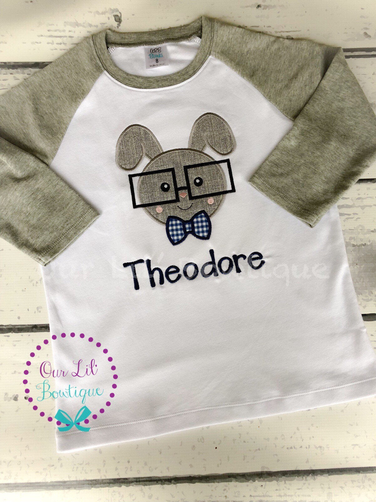 Personalized Easter Raglan Shirt: Glasses Bunny Appliqué