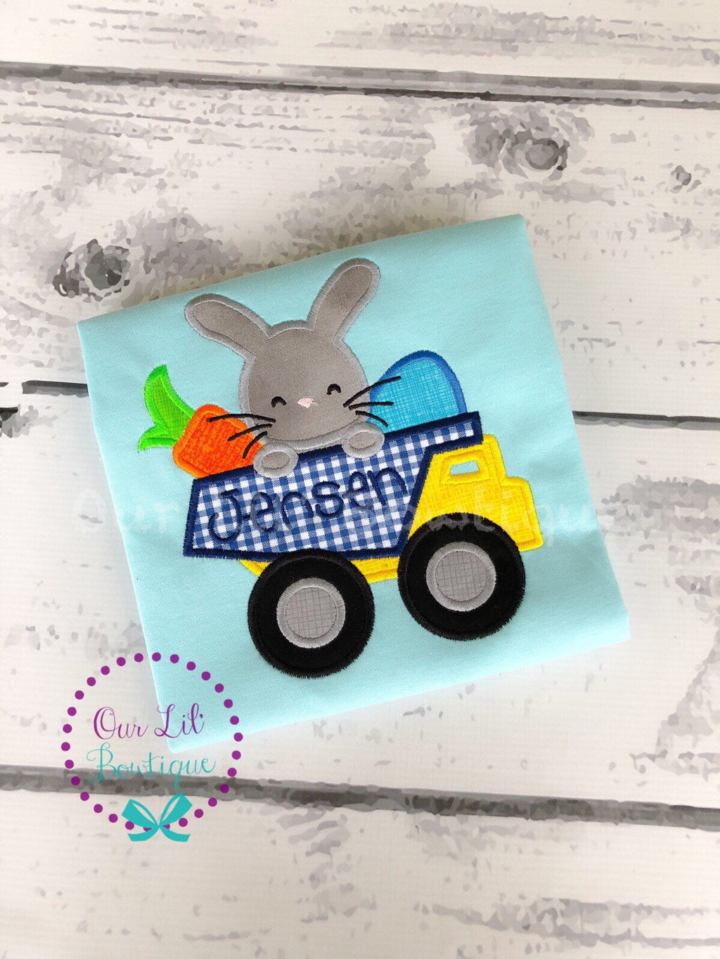 Personalized Easter Raglan: Bunny Dump Truck Appliqué Shirt