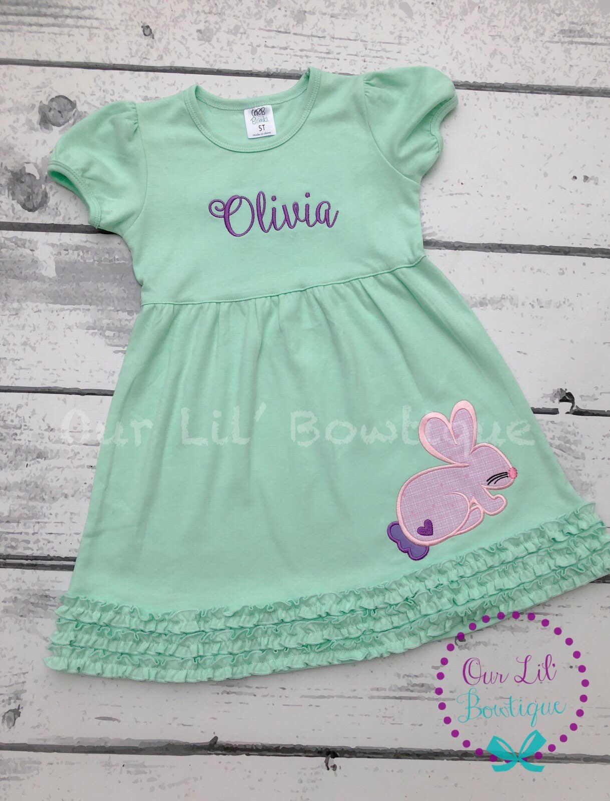 Girls Personalized Easter Dress: Bunny Applique, Mint Green