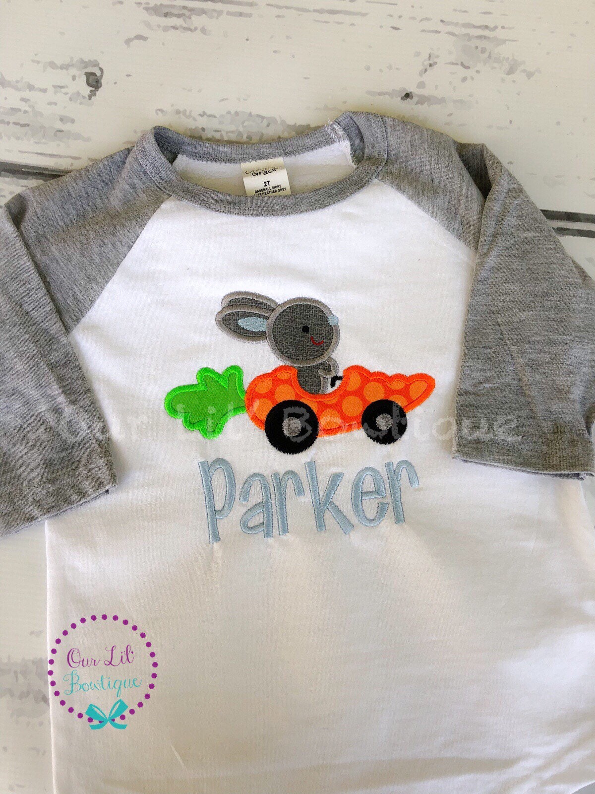 Personalized Easter Raglan Shirt: Bunny Carrot Car Appliqué