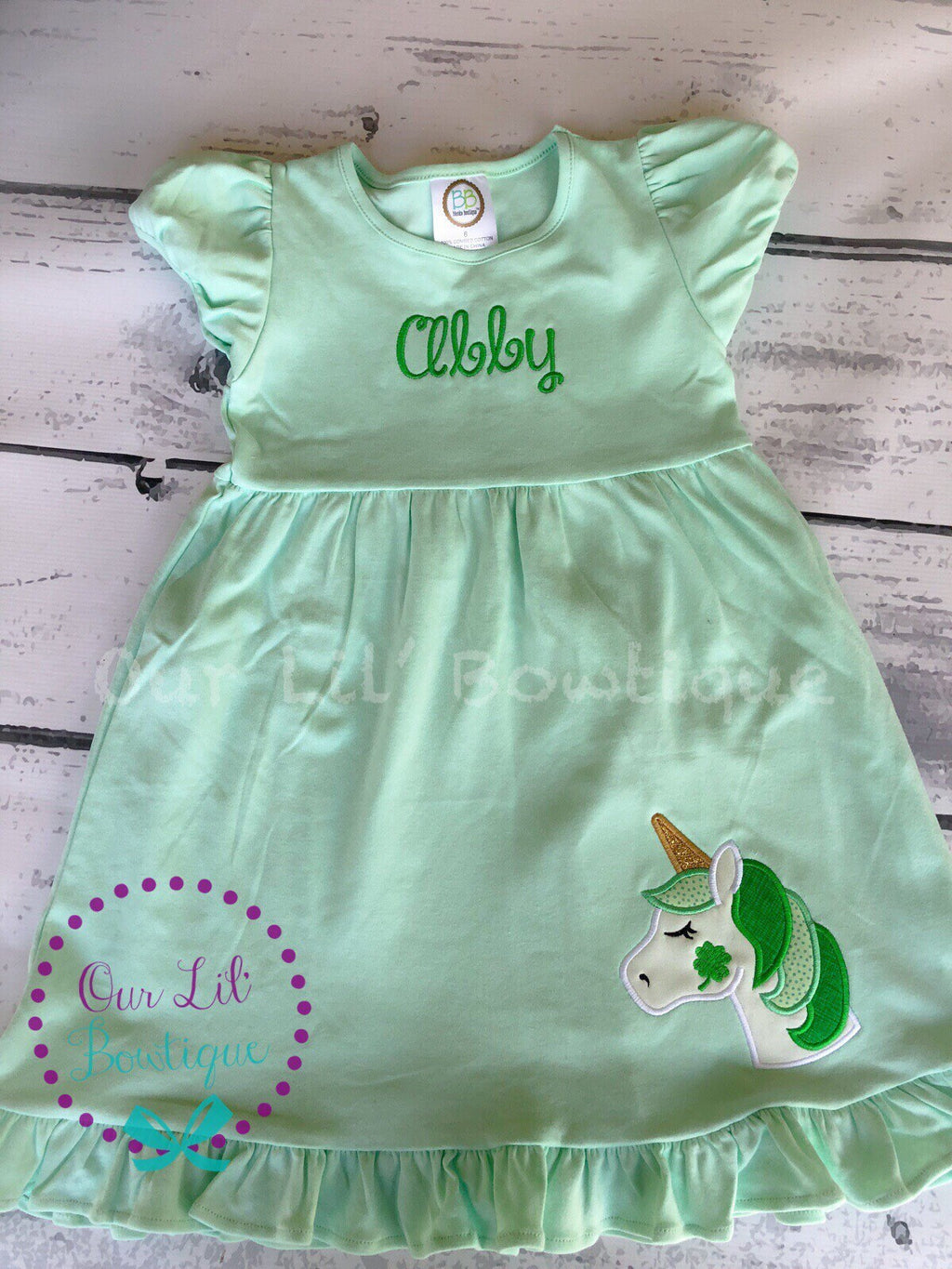 Girls St. Patrick's Day Dress: Unicorn Shamrock Applique, Monogram Option