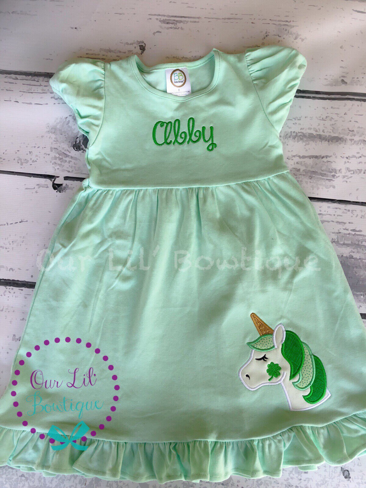 Girls St. Patrick's Day Dress: Unicorn Shamrock Applique, Monogram Option