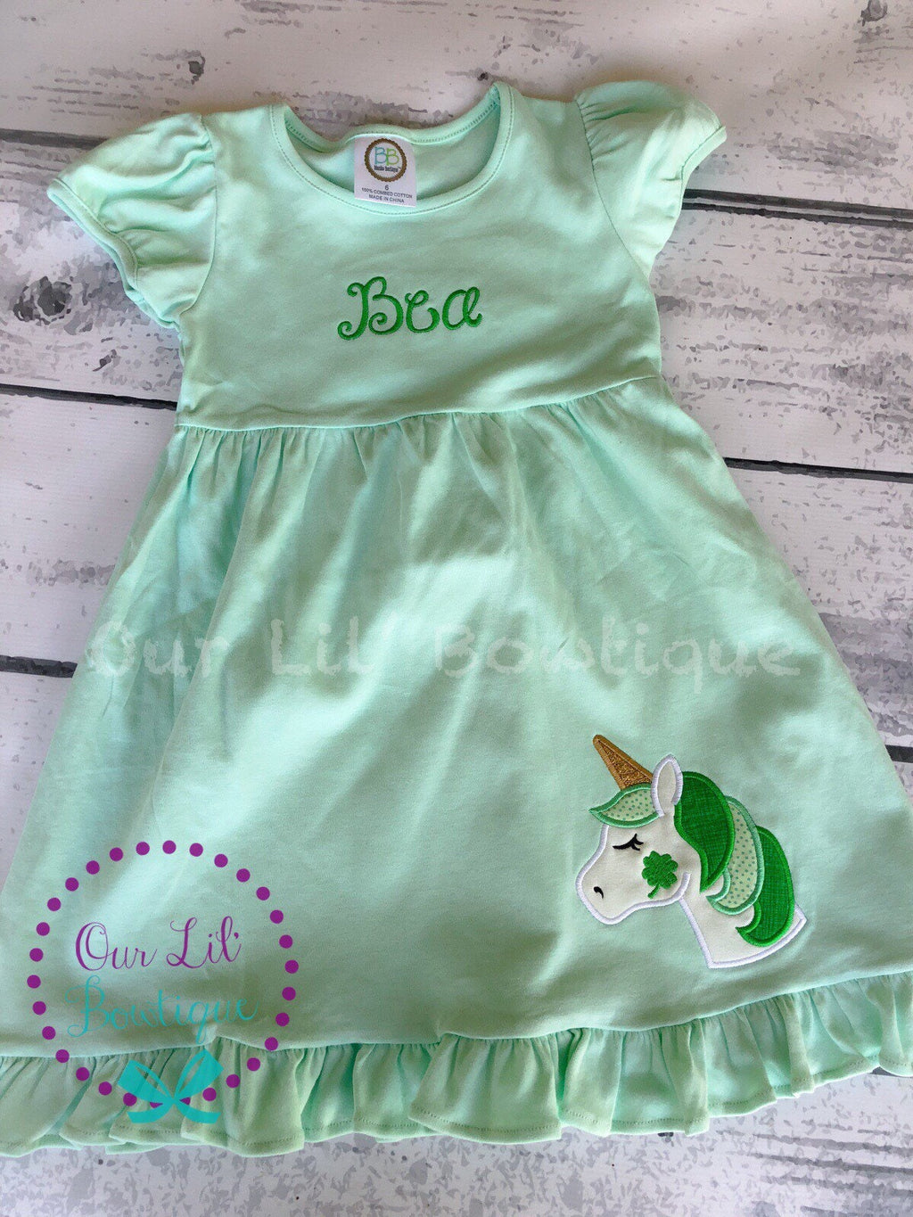 Girls St. Patrick's Day Dress: Unicorn Shamrock Applique, Monogram Option