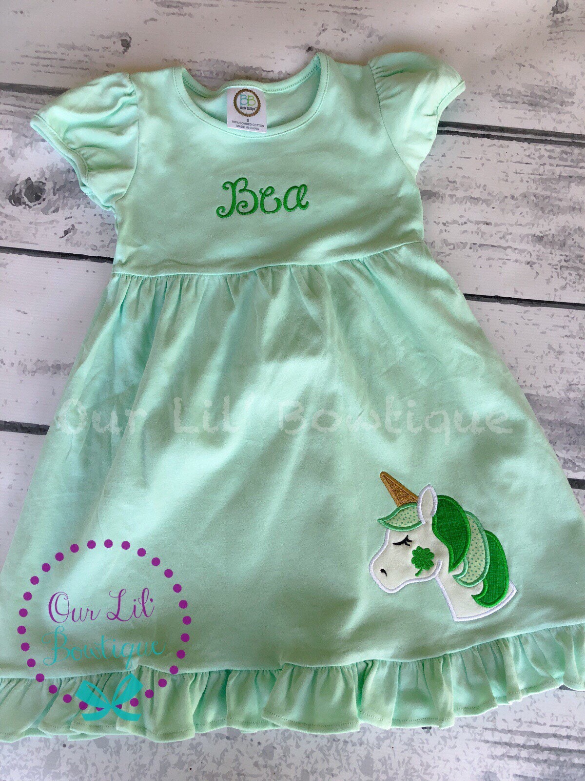 Girls St. Patrick's Day Dress: Unicorn Shamrock Applique, Monogram Option