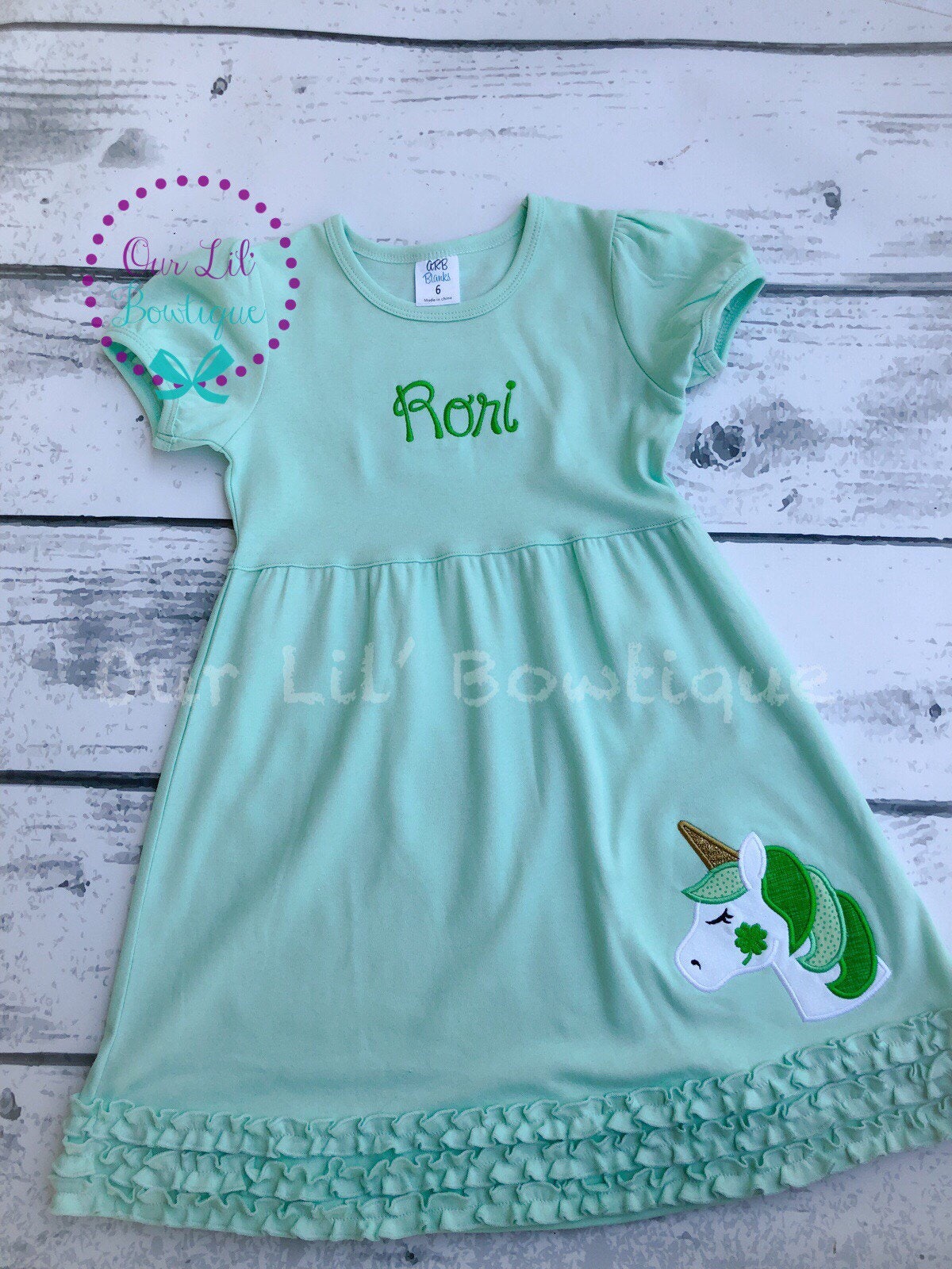 Girls St. Patrick's Day Dress: Unicorn Shamrock Applique, Monogram Option