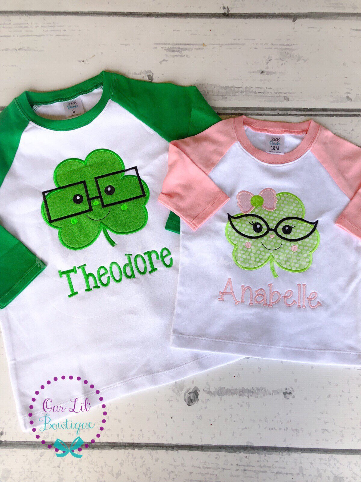 Personalized St. Patrick's Day Raglan Shirt: Shamrock Glasses Appliqué