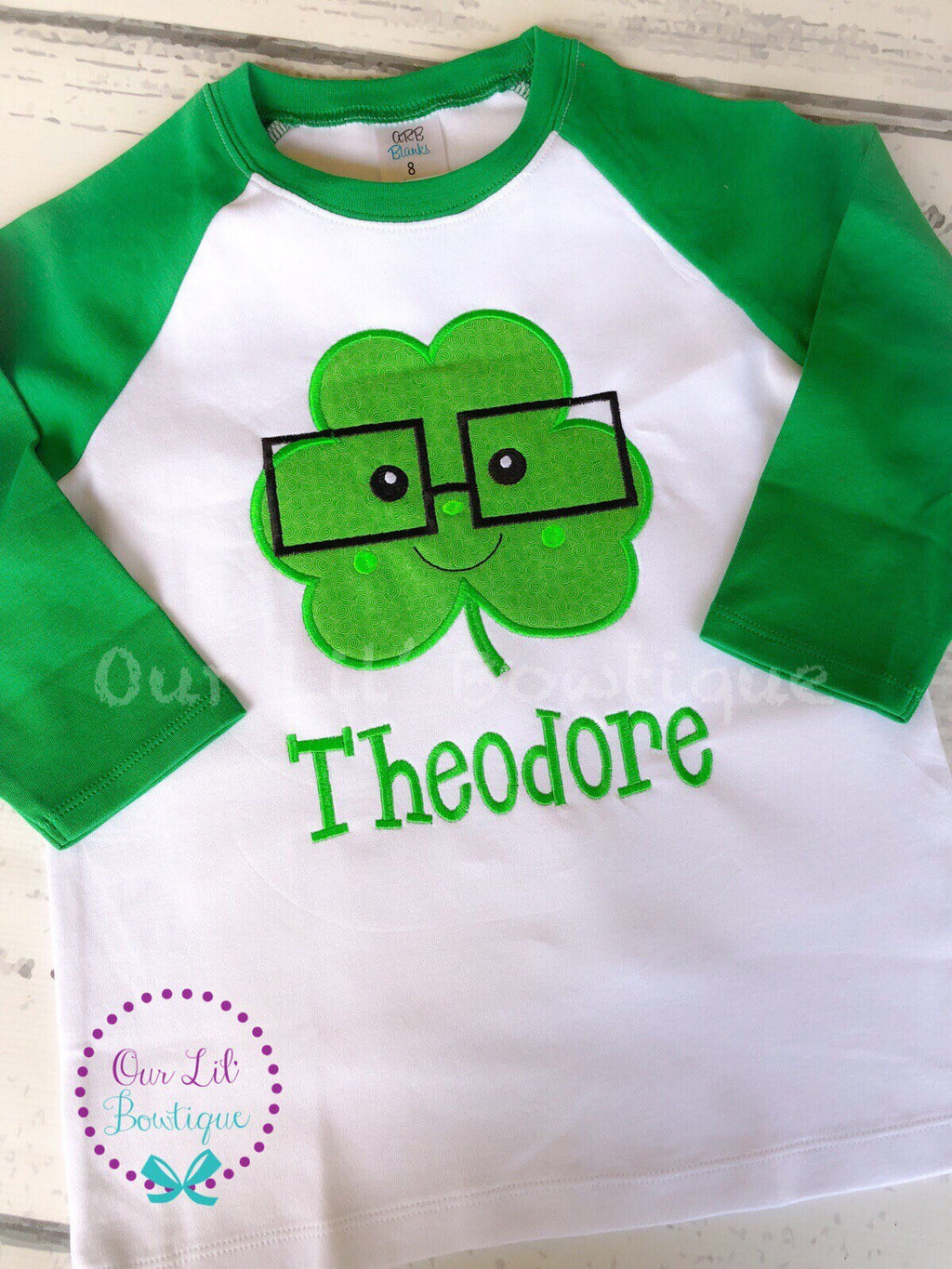 Personalized St. Patrick's Day Raglan Shirt: Shamrock Glasses Appliqué