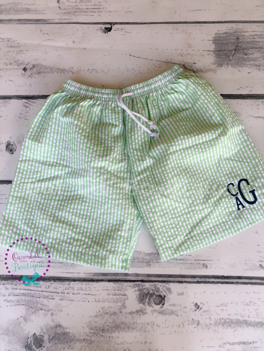 Monogrammed Seersucker Swim Trunks: Crab Appliqué Boys Bathing Suit