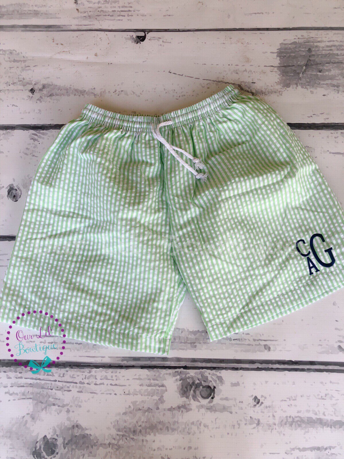 Monogrammed Seersucker Swim Trunks: Crab Appliqué Boys Bathing Suit