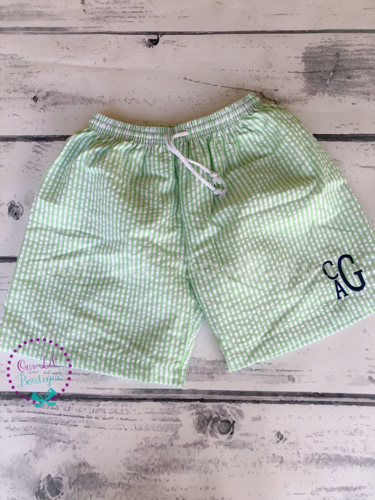 Monogrammed Seersucker Swim Trunks: Beach Ball Bathing Suit