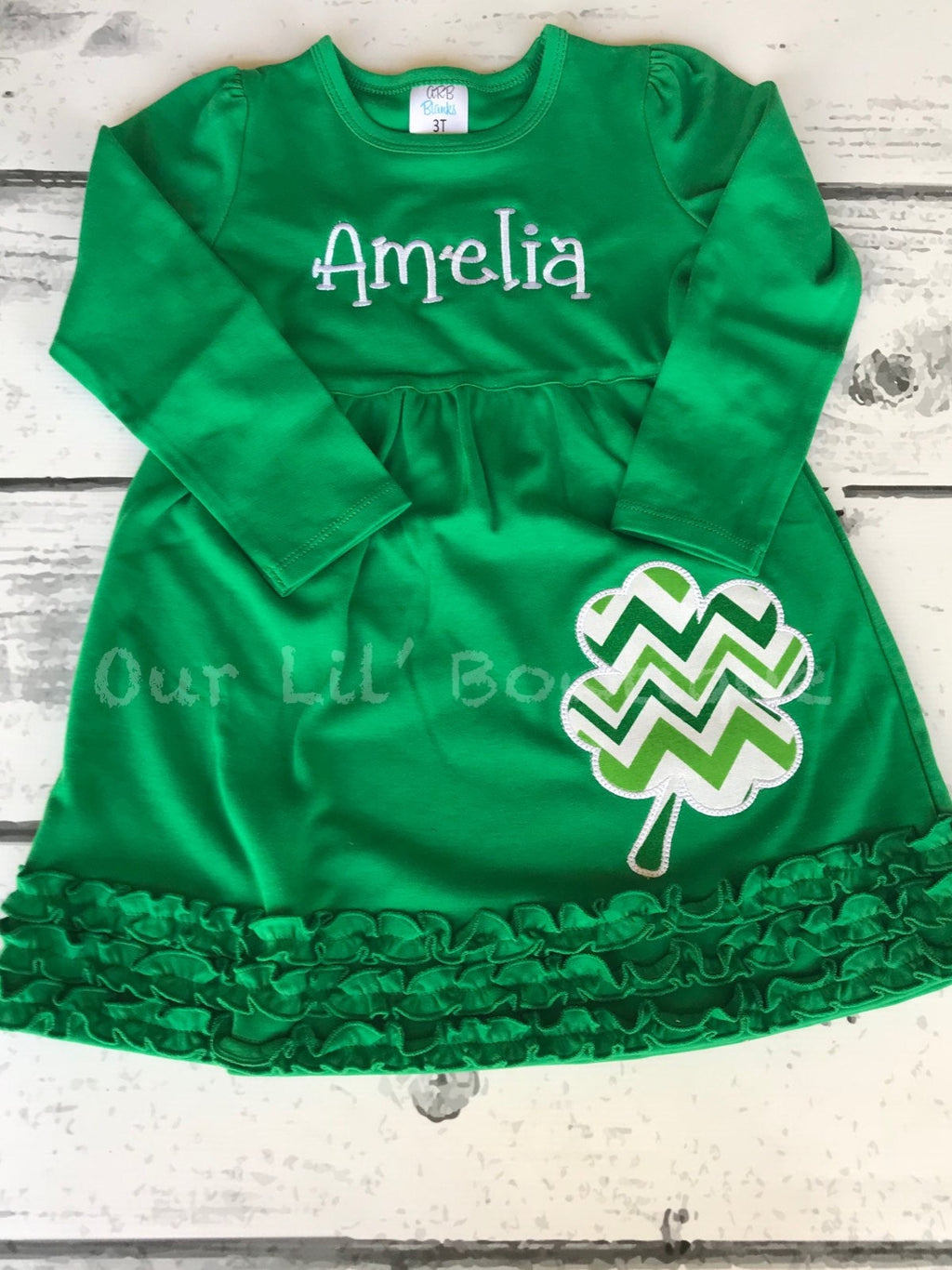 Girls St. Patrick's Day Dress: Four Leaf Clover Applique, Monogram Option