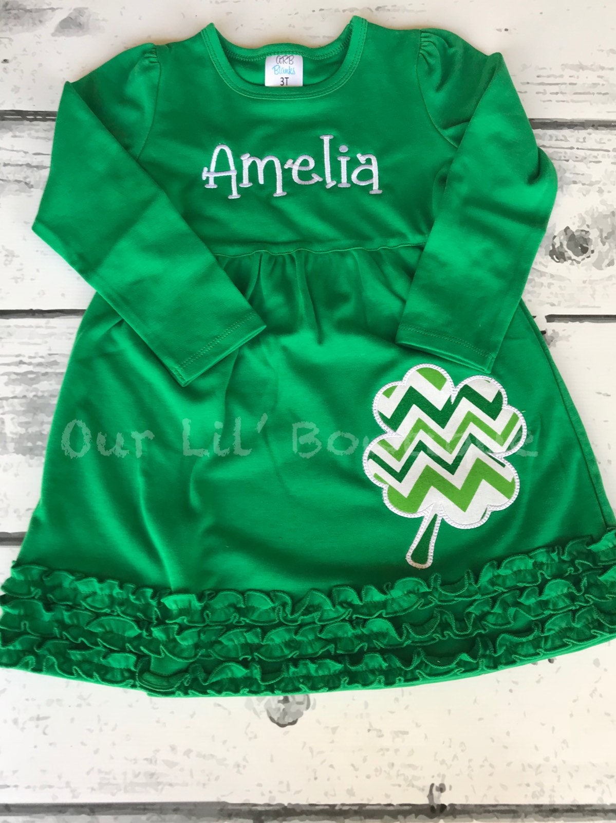 Girls St. Patrick's Day Dress: Four Leaf Clover Applique, Monogram Option