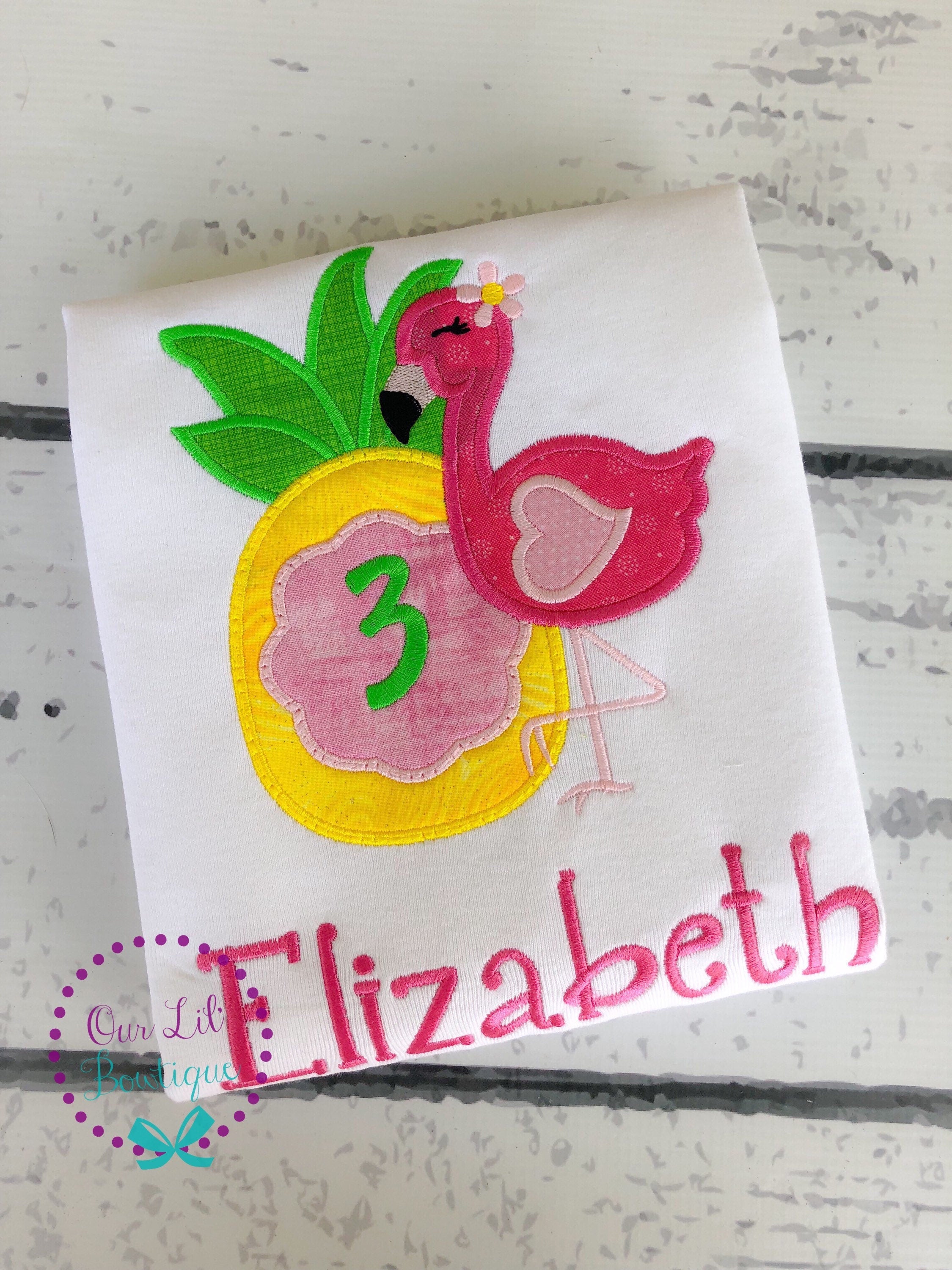 Personalized Flamingo Birthday Shirt: Pineapple Applique, Summer Outfit