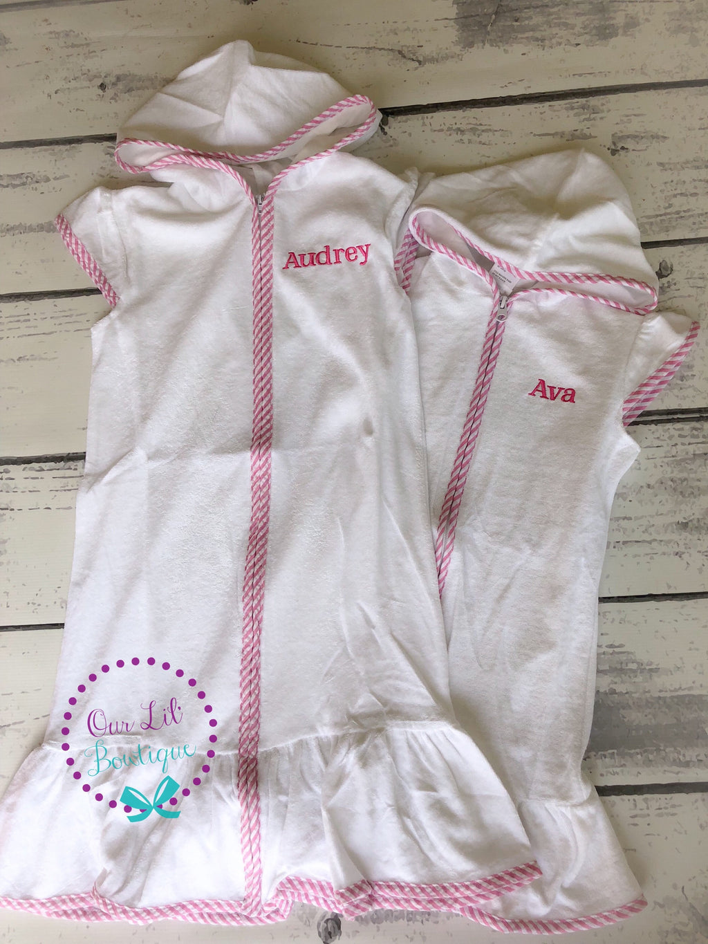 Personalized Terry Cloth Girl's Cover-Up: Pink Seersucker Trim, Monogrammed