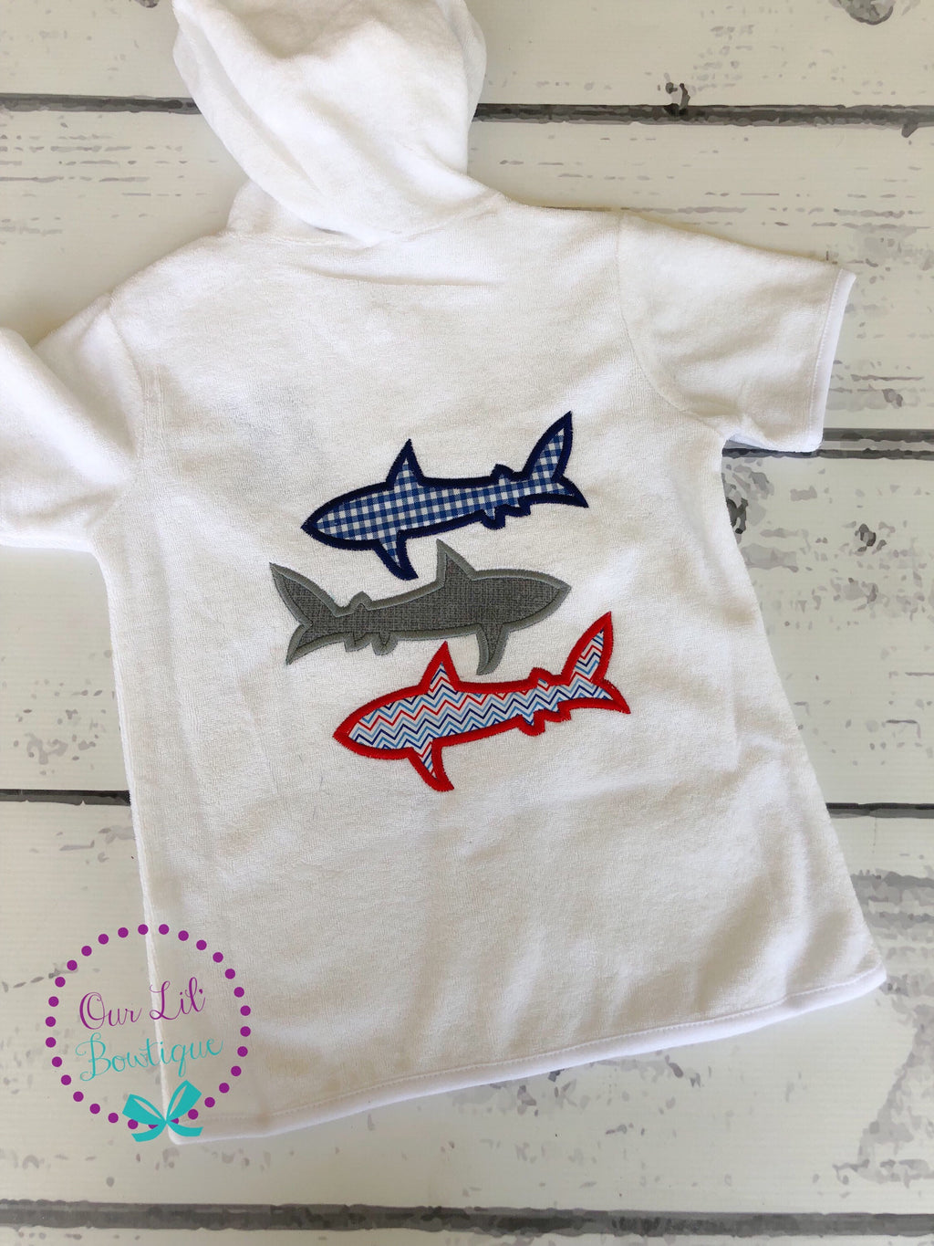 Personalized Terry Cloth Boy's Cover-Up: Shark Applique, Monogrammed Hooded Bathing Suit