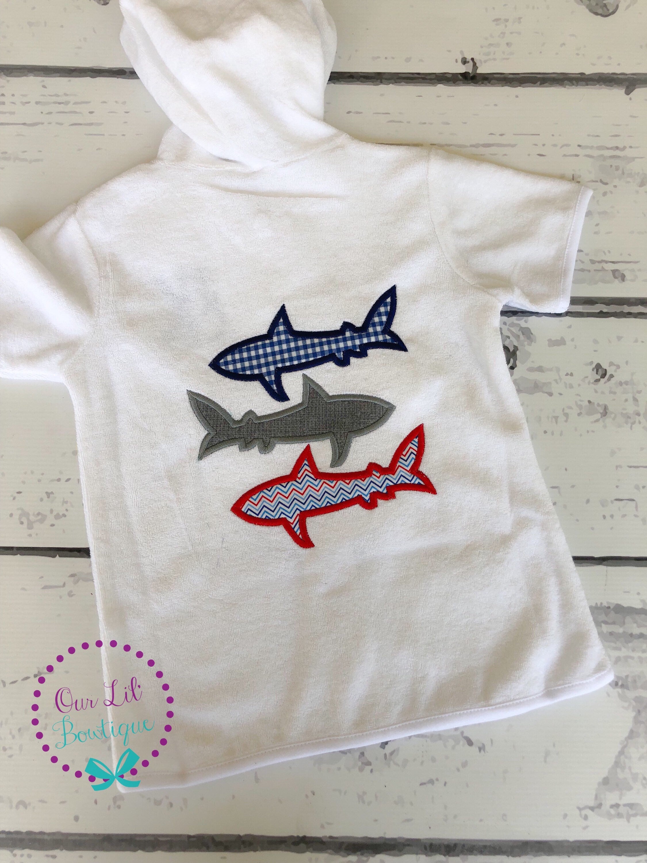 Personalized Terry Cloth Boy's Cover-Up: Shark Applique, Monogrammed Hooded Bathing Suit