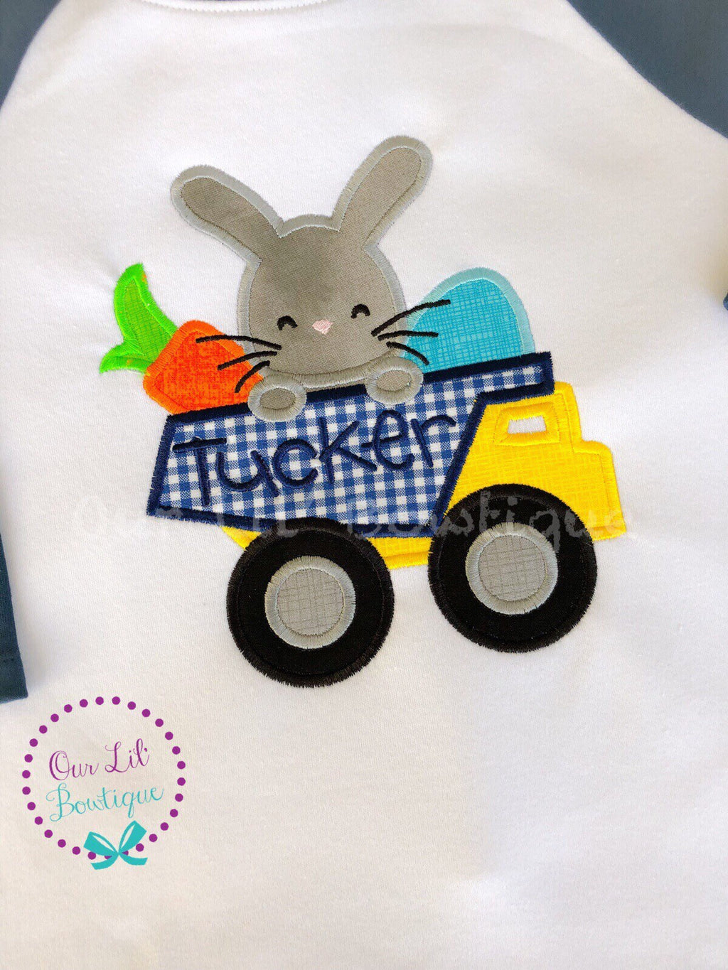 Personalized Easter Raglan: Bunny Dump Truck Appliqué Shirt