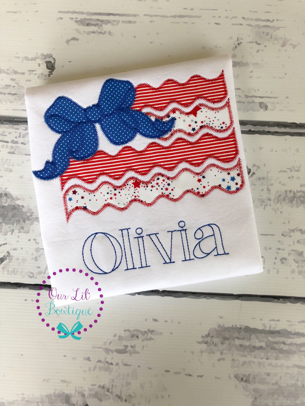 Embroidered Flag Shirt: Girls 4th of July Patriotic Bow Tee