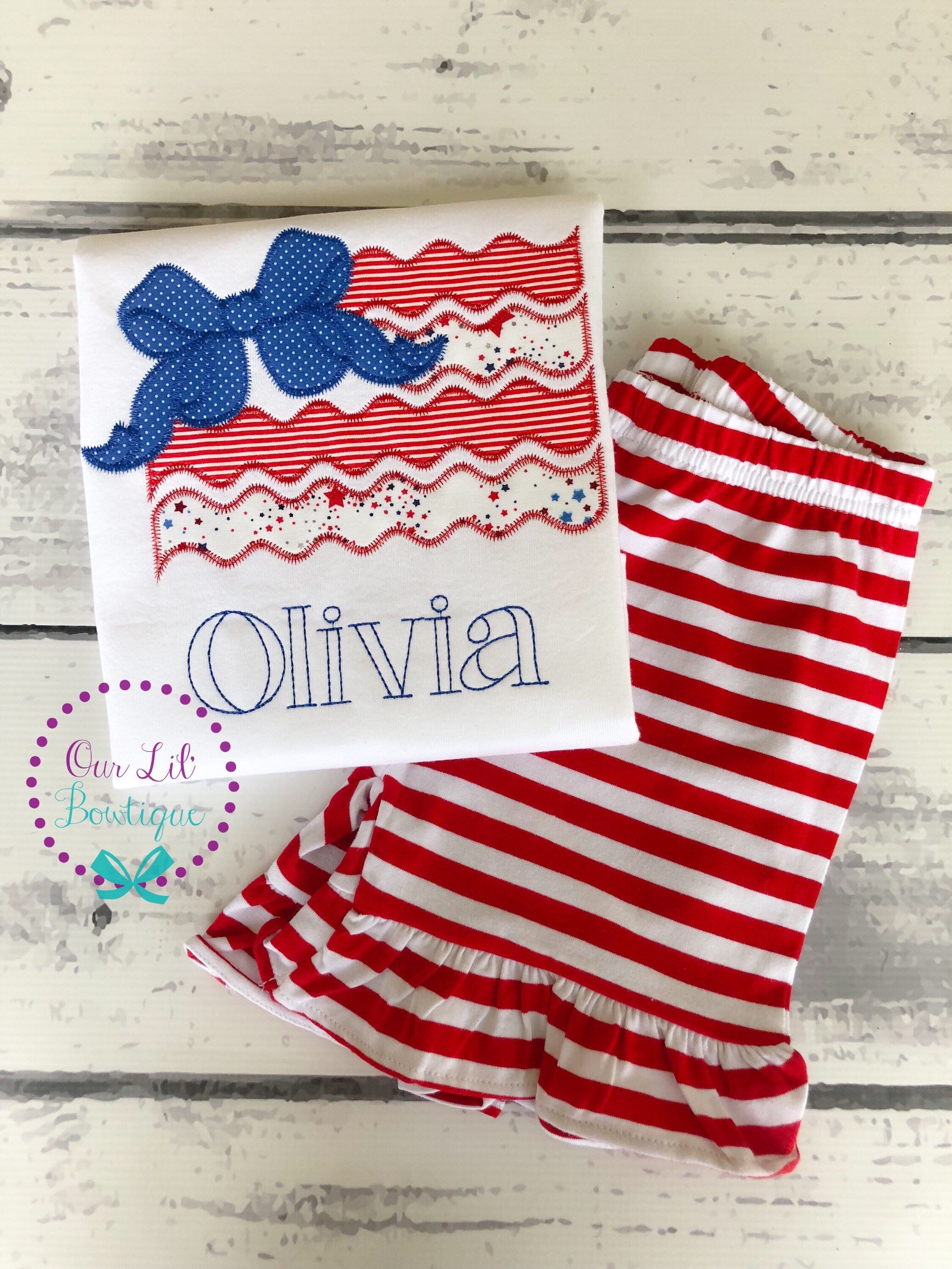 Embroidered Flag Shirt: Girls 4th of July Patriotic Bow Tee