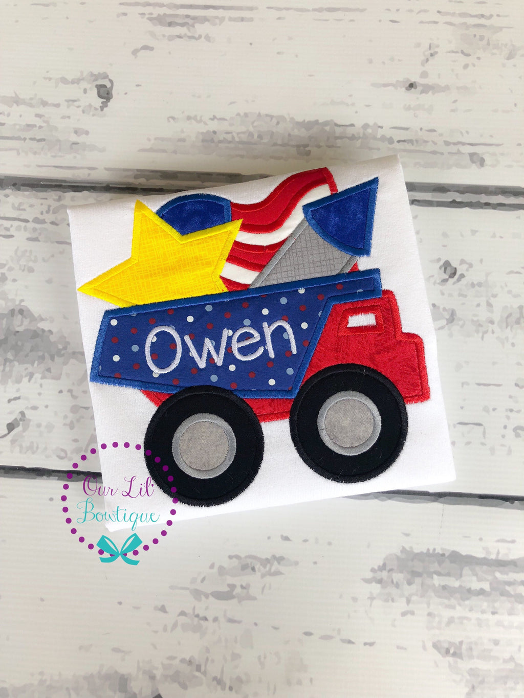 Personalized 4th of July Dump Truck Shirt - Patriotic Appliqué