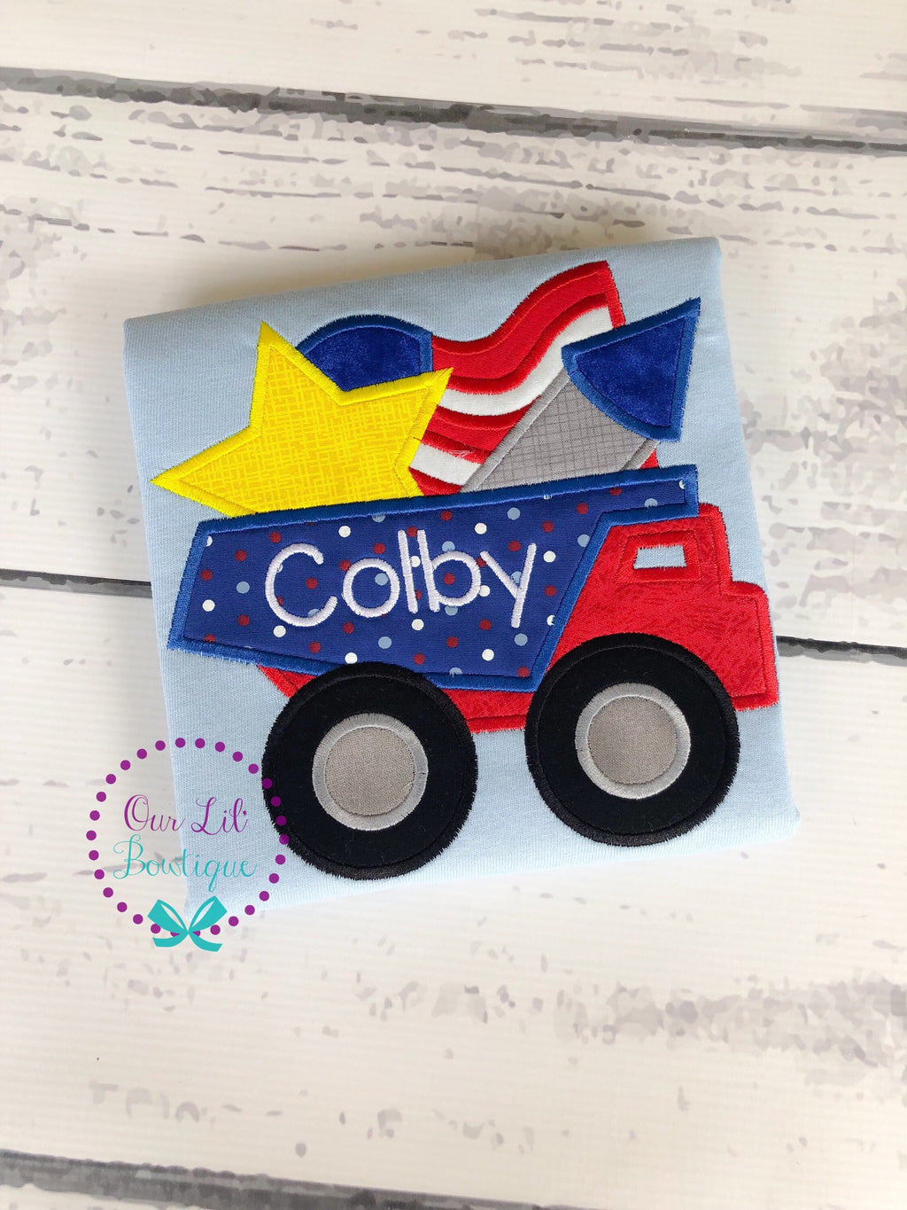 Personalized 4th of July Dump Truck Shirt - Patriotic Appliqué