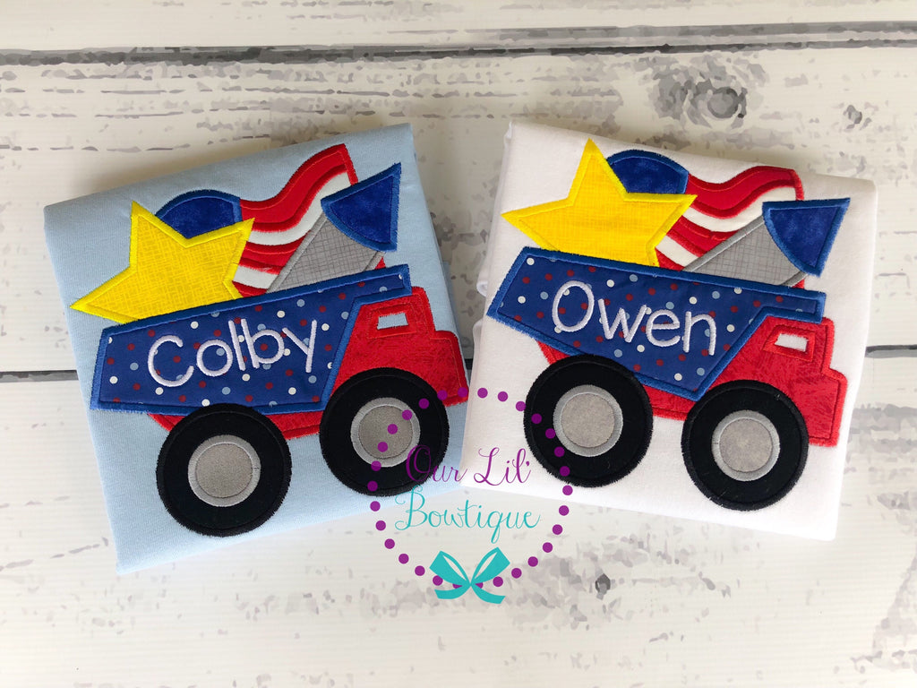 Personalized 4th of July Dump Truck Shirt - Patriotic Appliqué