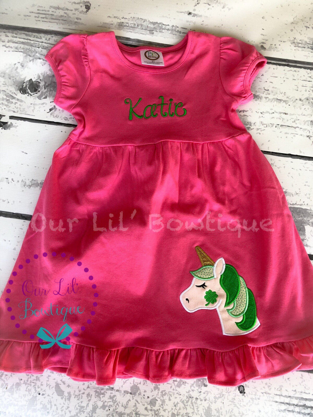 Girls St. Patrick's Day Dress: Unicorn Shamrock Applique, Monogram Option