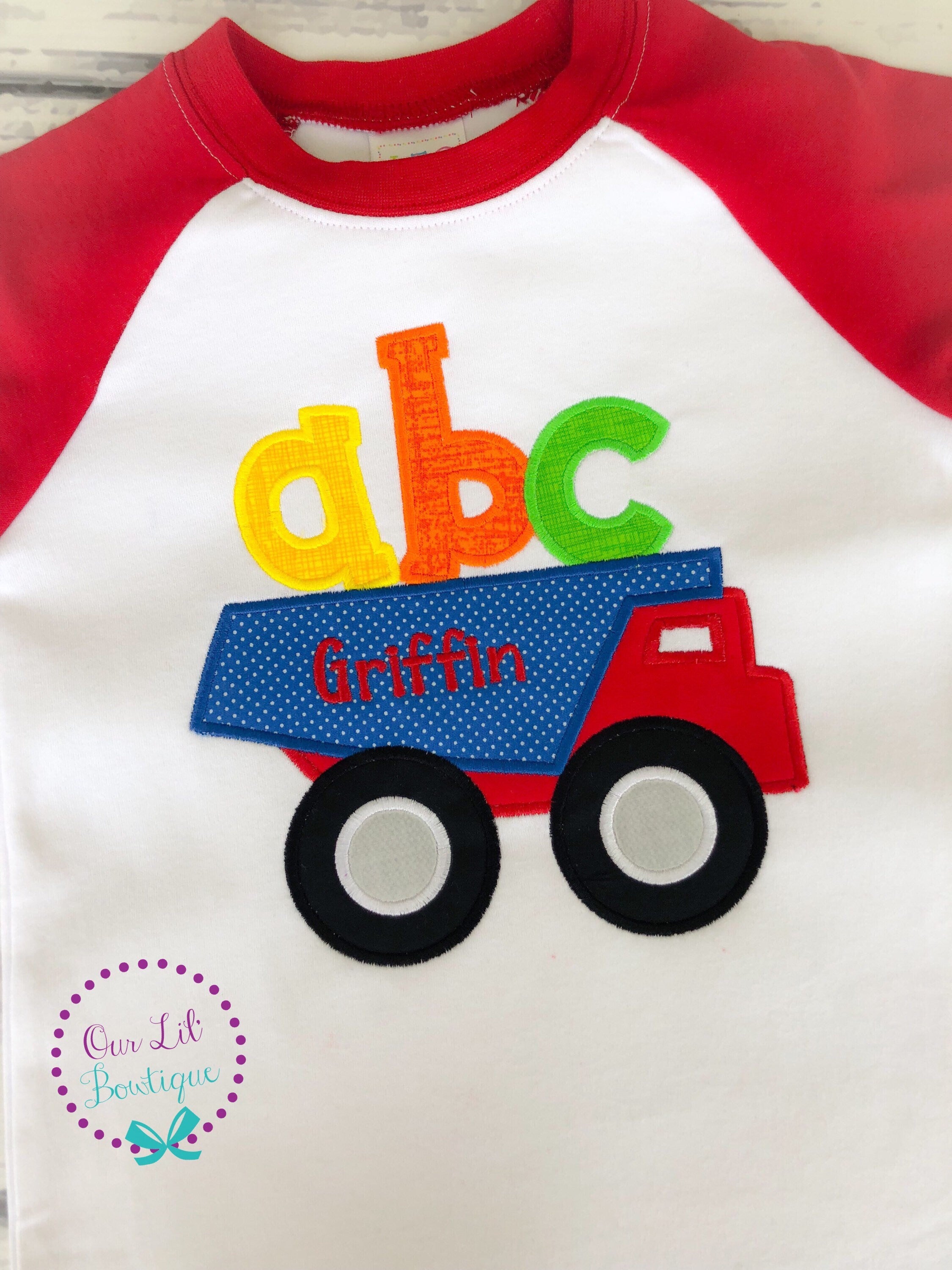 ABC Dump Truck Back to School Shirt - Embroidered Raglan Tee