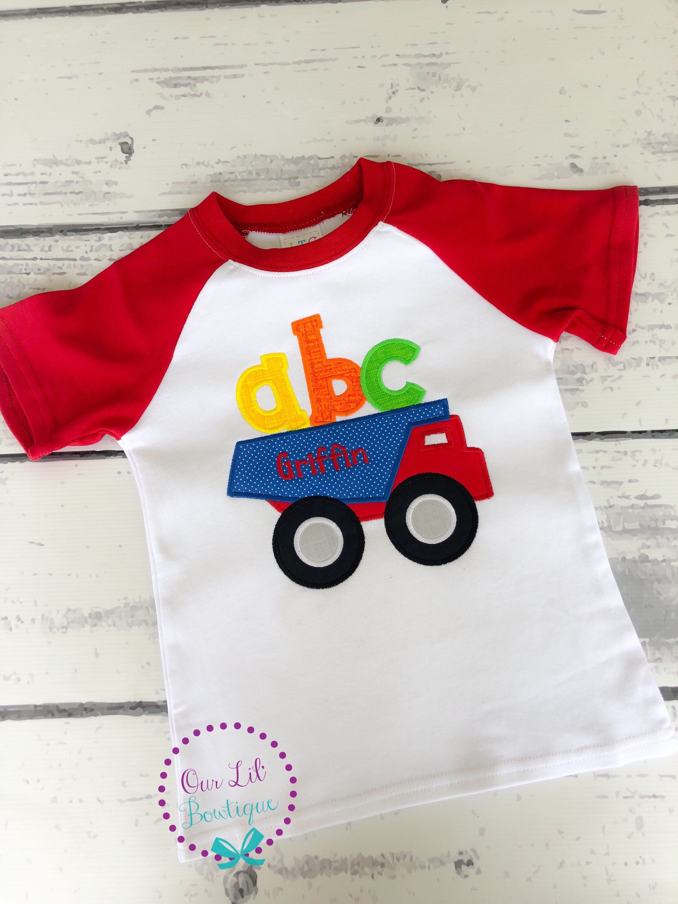 ABC Dump Truck Back to School Shirt - Embroidered Raglan Tee
