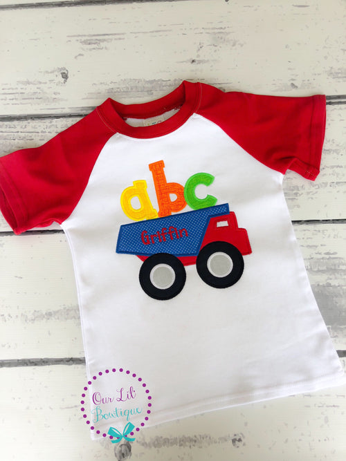 ABC Dump Truck Back to School Shirt - Embroidered Raglan Tee