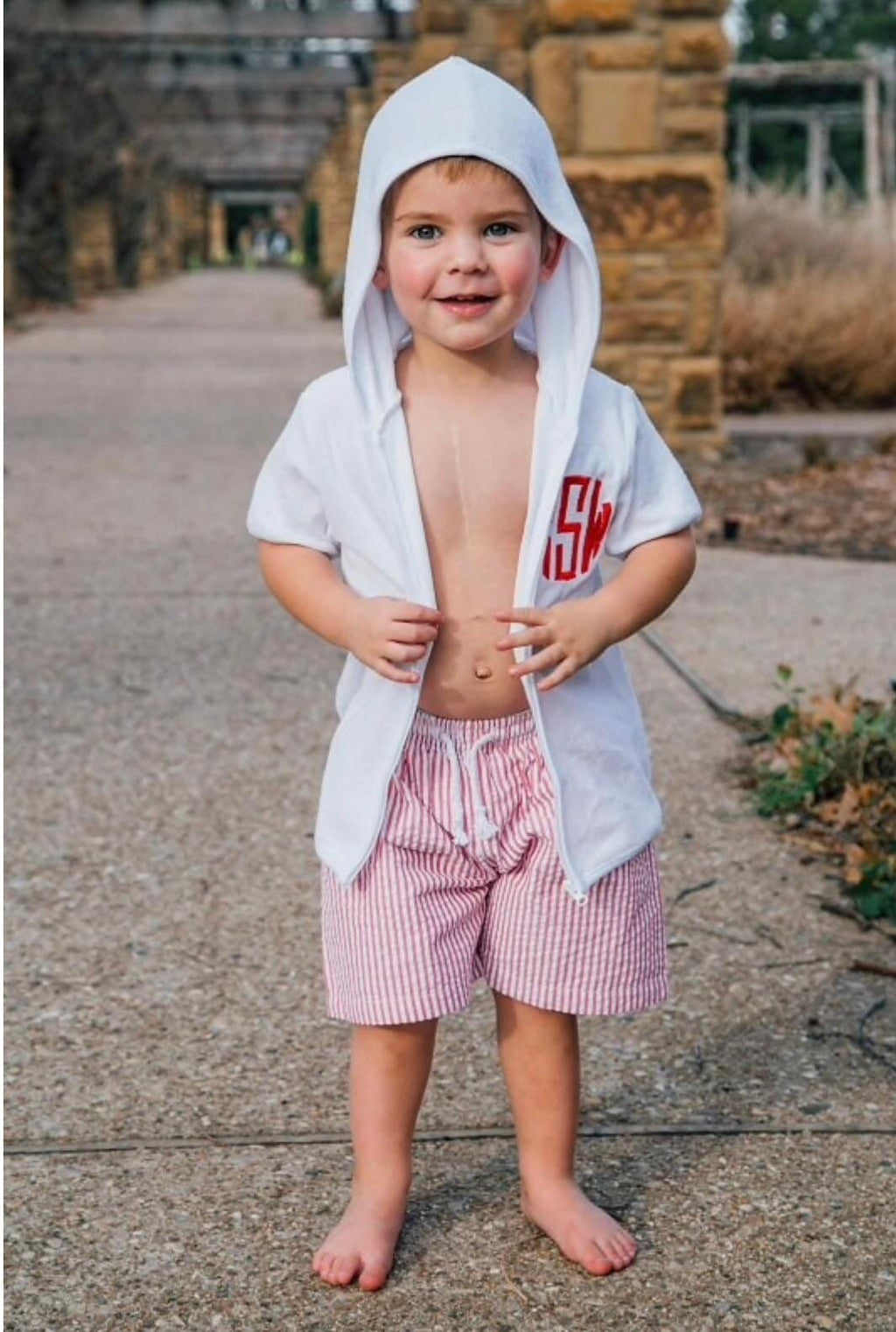 Monogrammed Seersucker Swim Trunks: Beach Ball Bathing Suit