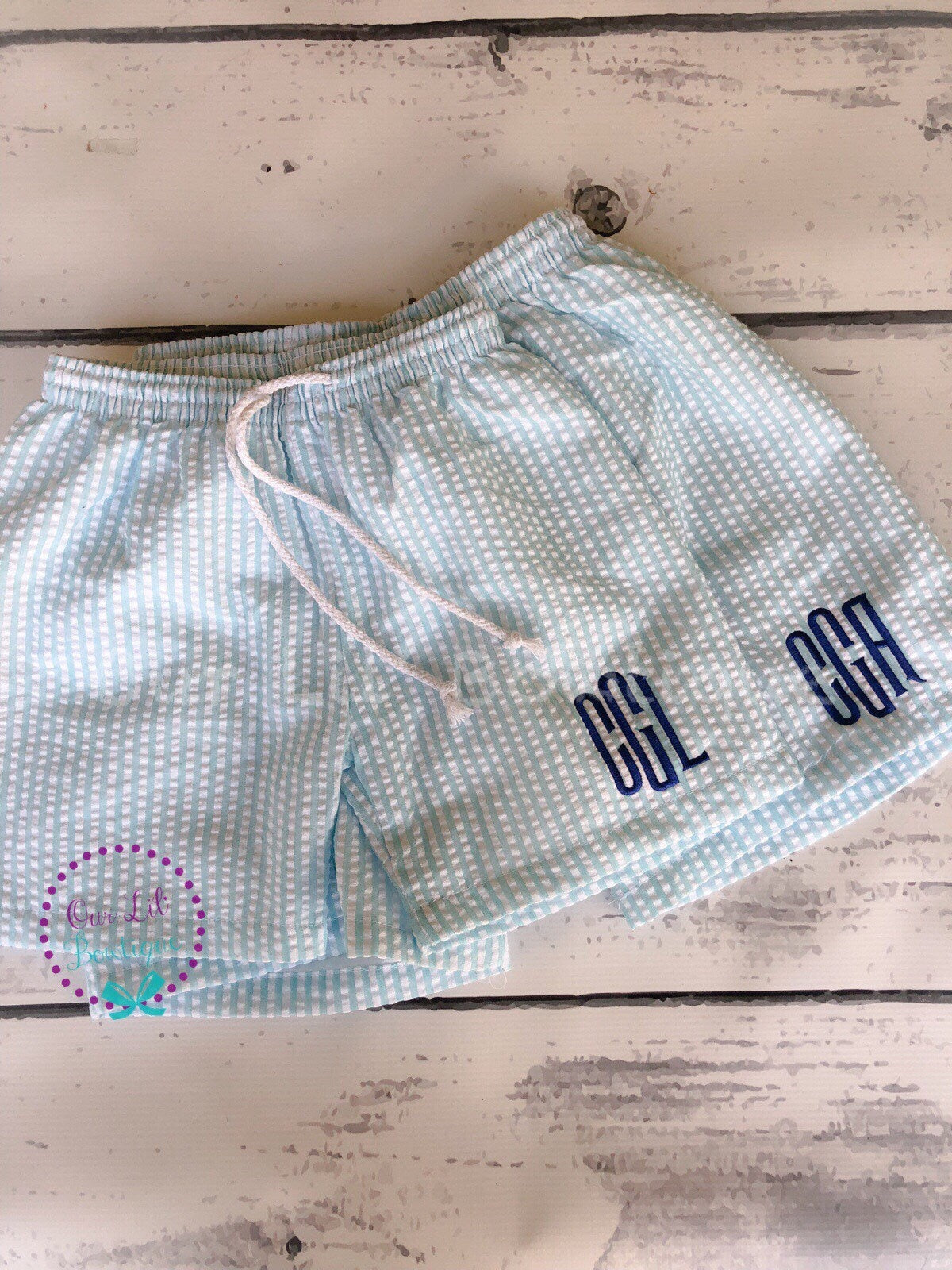 Monogrammed Seersucker Swim Trunks: Crab Appliqué Boys Bathing Suit
