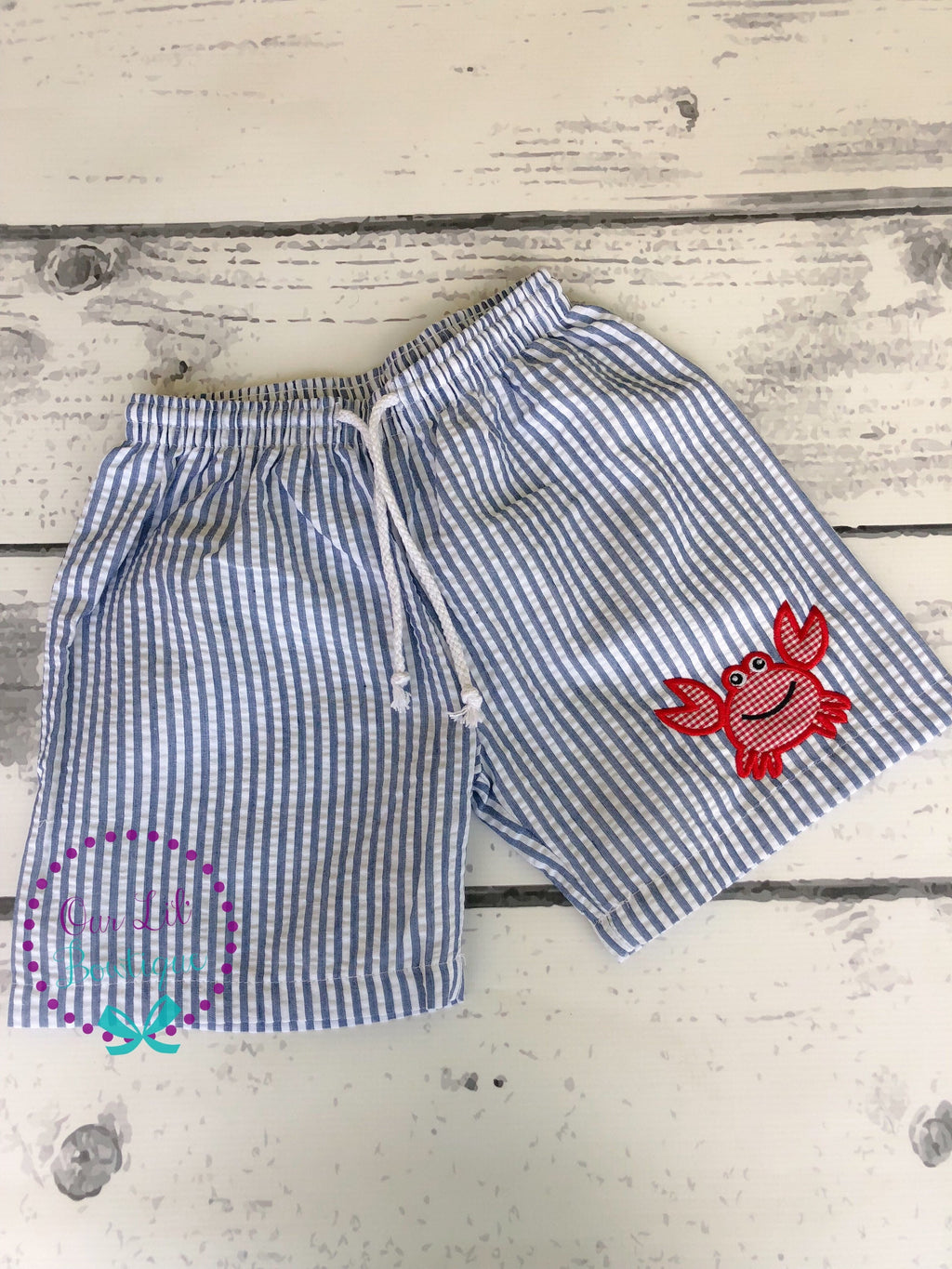 Monogrammed Seersucker Swim Trunks: Crab Appliqué Boys Bathing Suit
