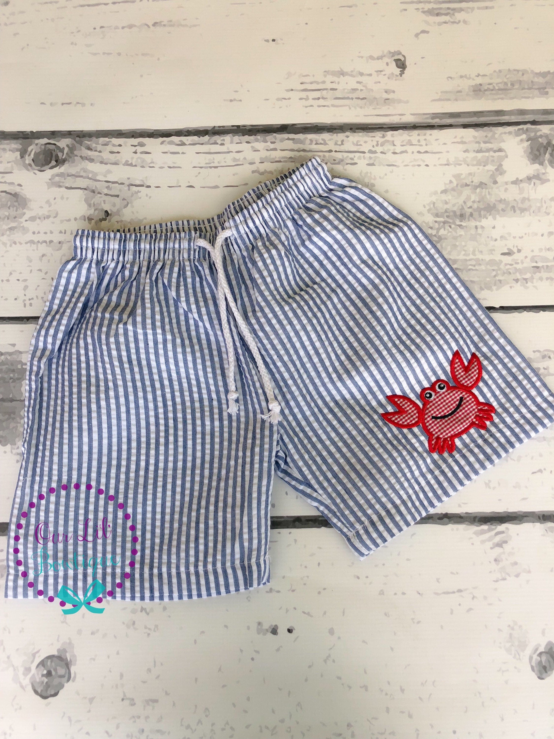 Monogrammed Seersucker Swim Trunks: Crab Appliqué Boys Bathing Suit