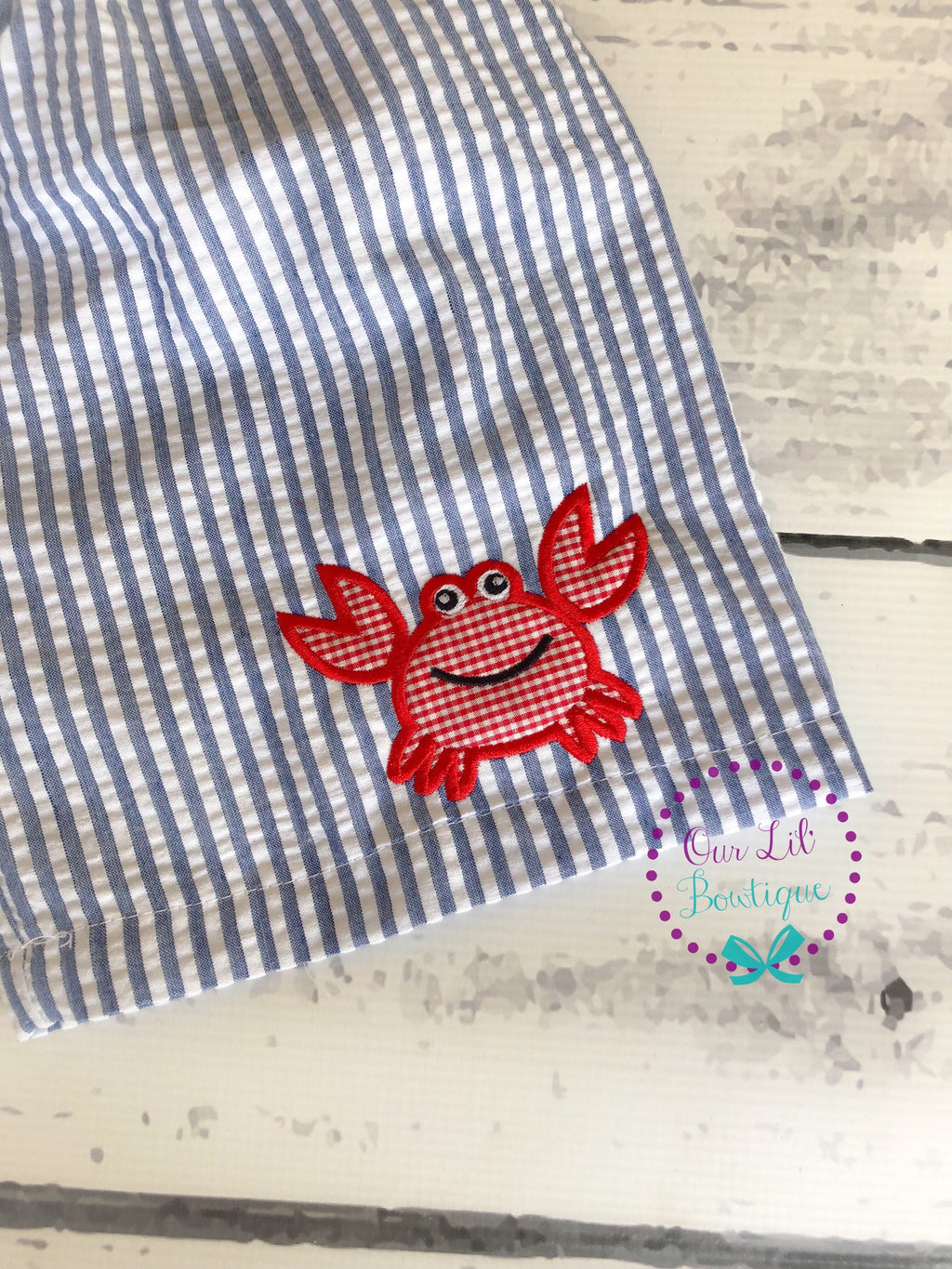 Monogrammed Seersucker Swim Trunks: Crab Appliqué Boys Bathing Suit