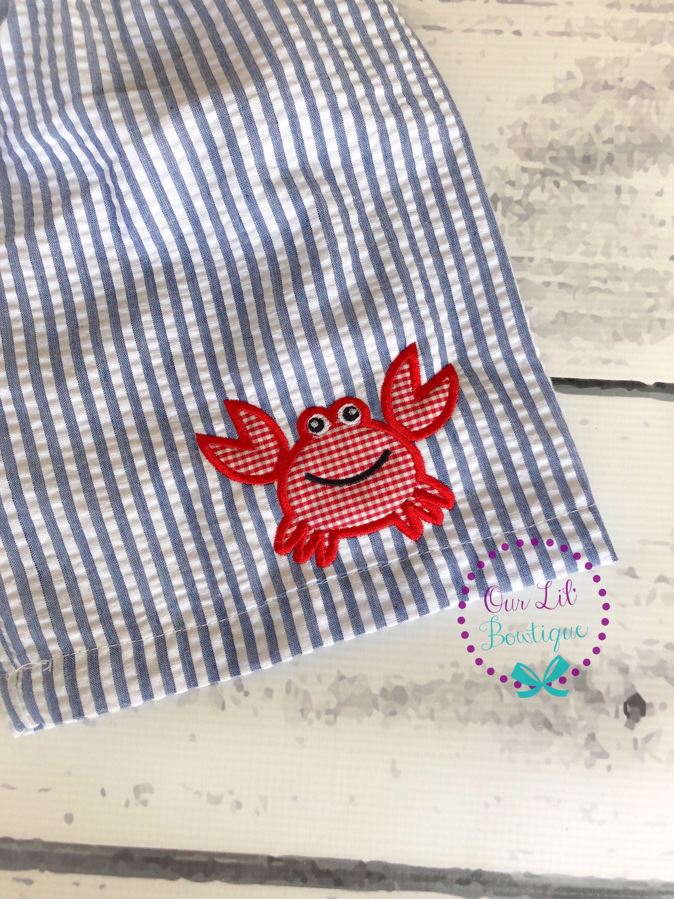 Monogrammed Seersucker Swim Trunks: Crab Appliqué Boys Bathing Suit