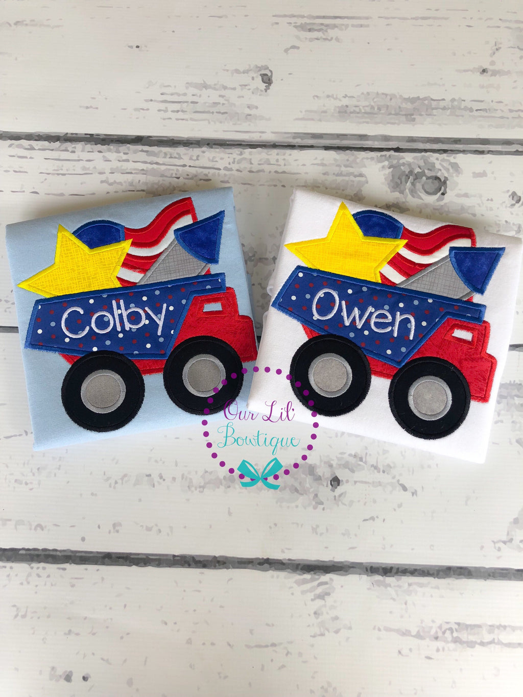 Personalized 4th of July Dump Truck Shirt - Patriotic Appliqué
