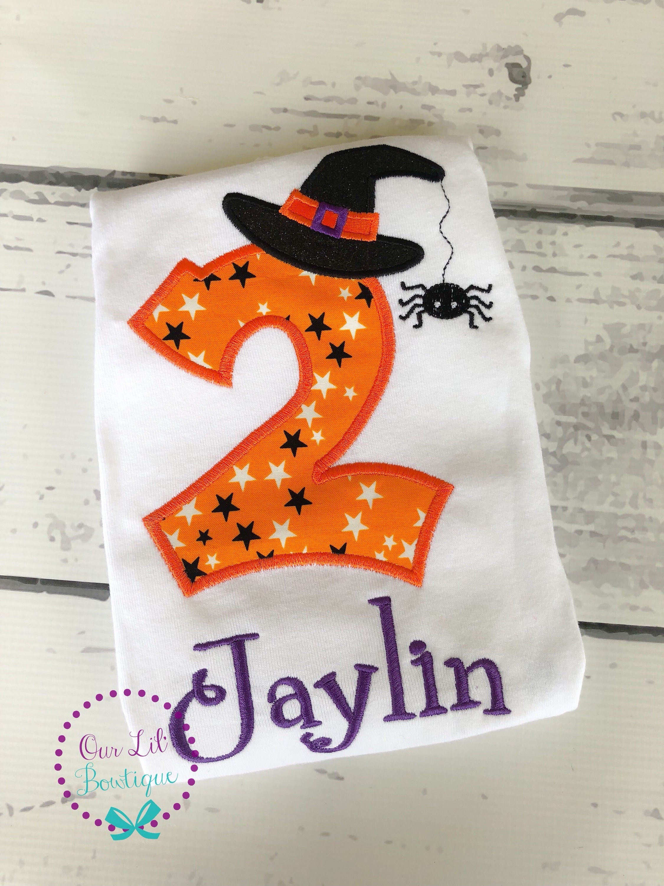 Personalized 1st Birthday Halloween Shirt: Witch Hat, Spider Appliqué