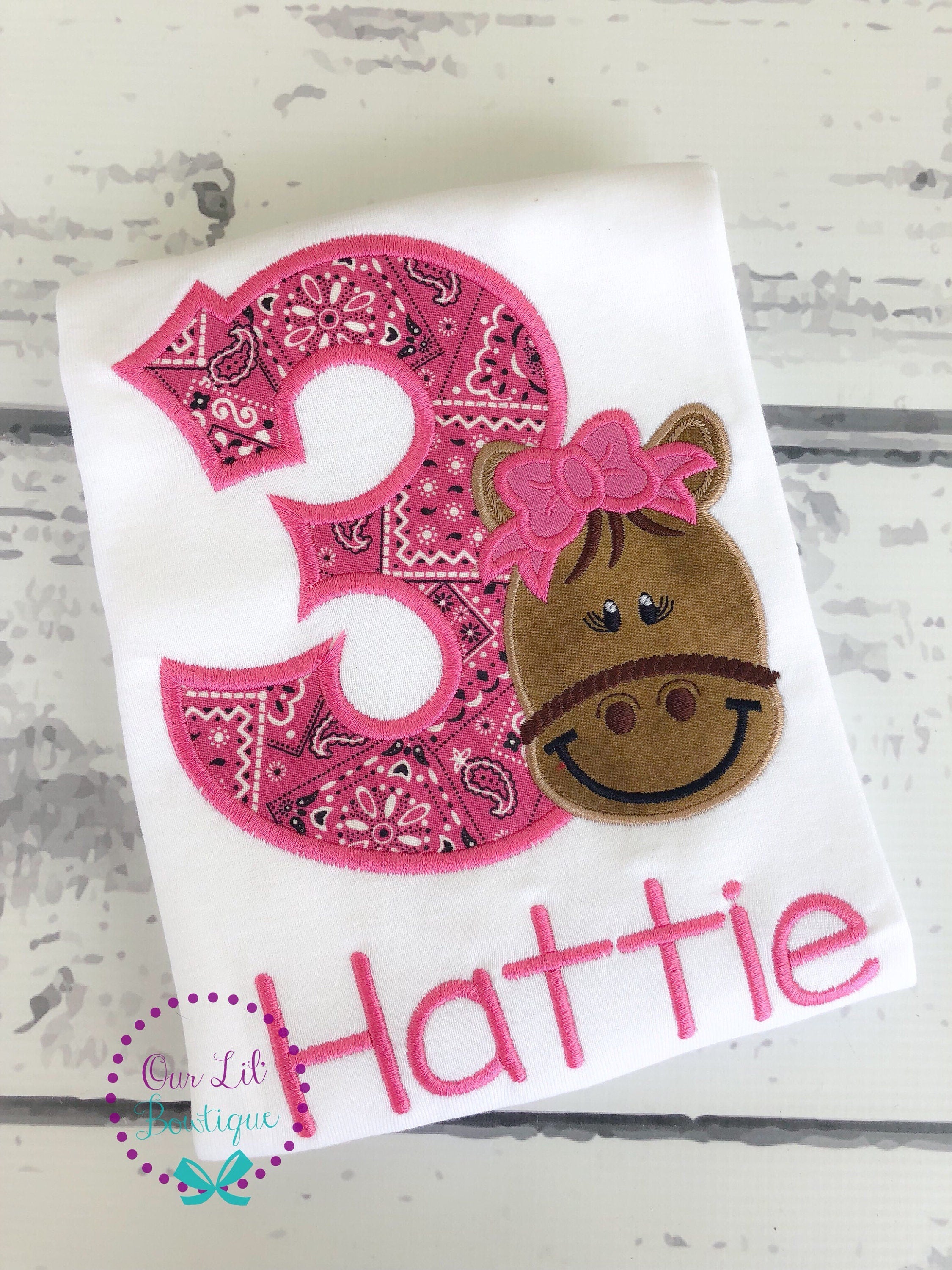 Personalized Horse Birthday Shirt: Pink Bandana Pony Applique