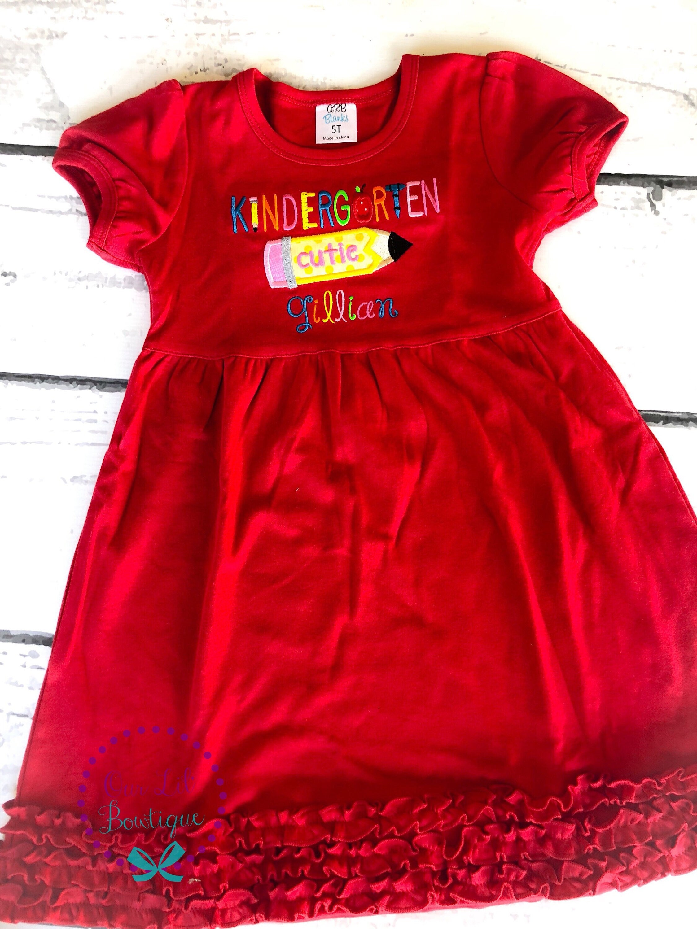 Embroidered Back to School Dress: Kindergarten Cutie Pencil Applique