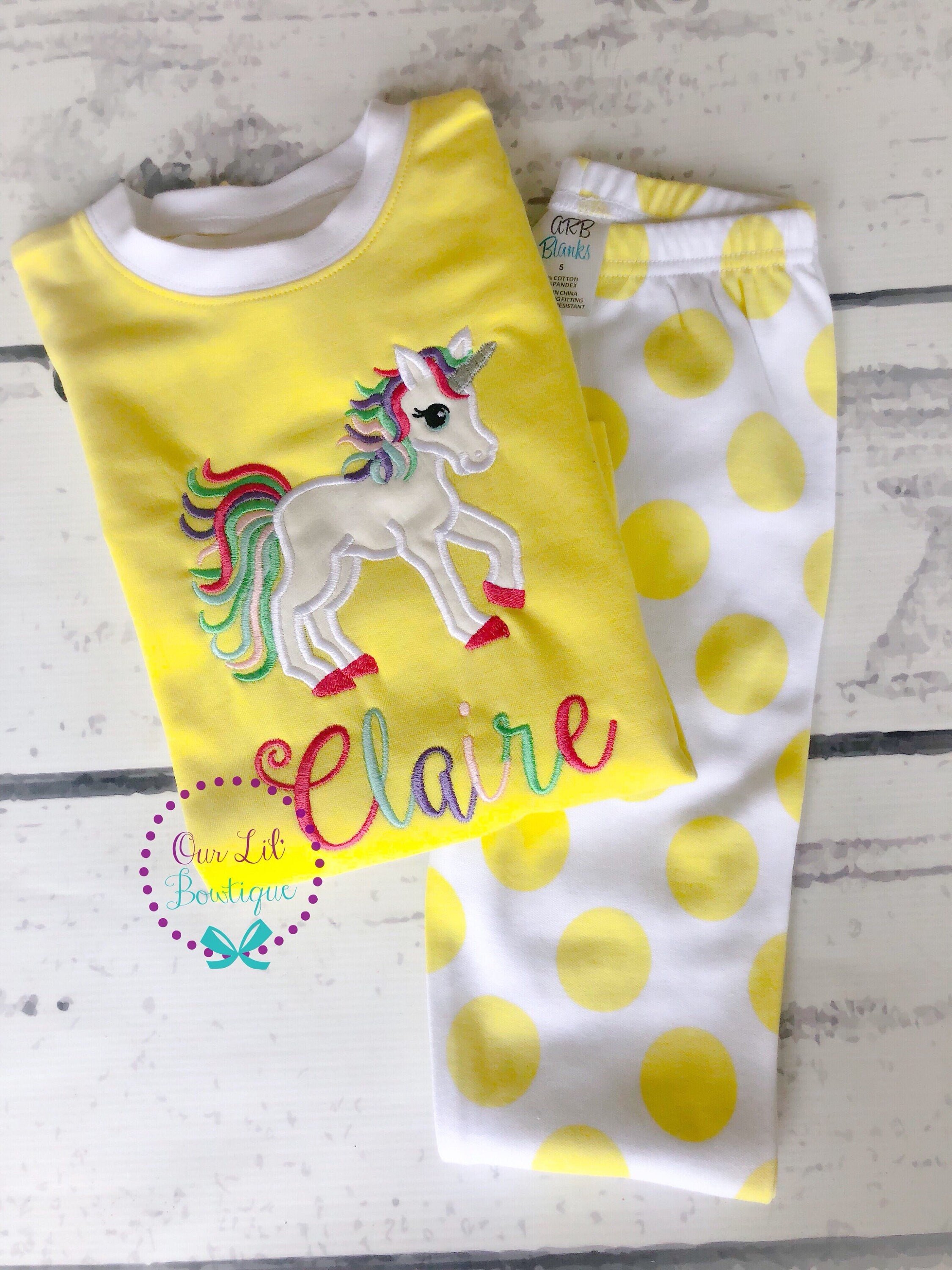 Unicorn Birthday Outfit: Personalized Applique Shirt & Striped Bottoms