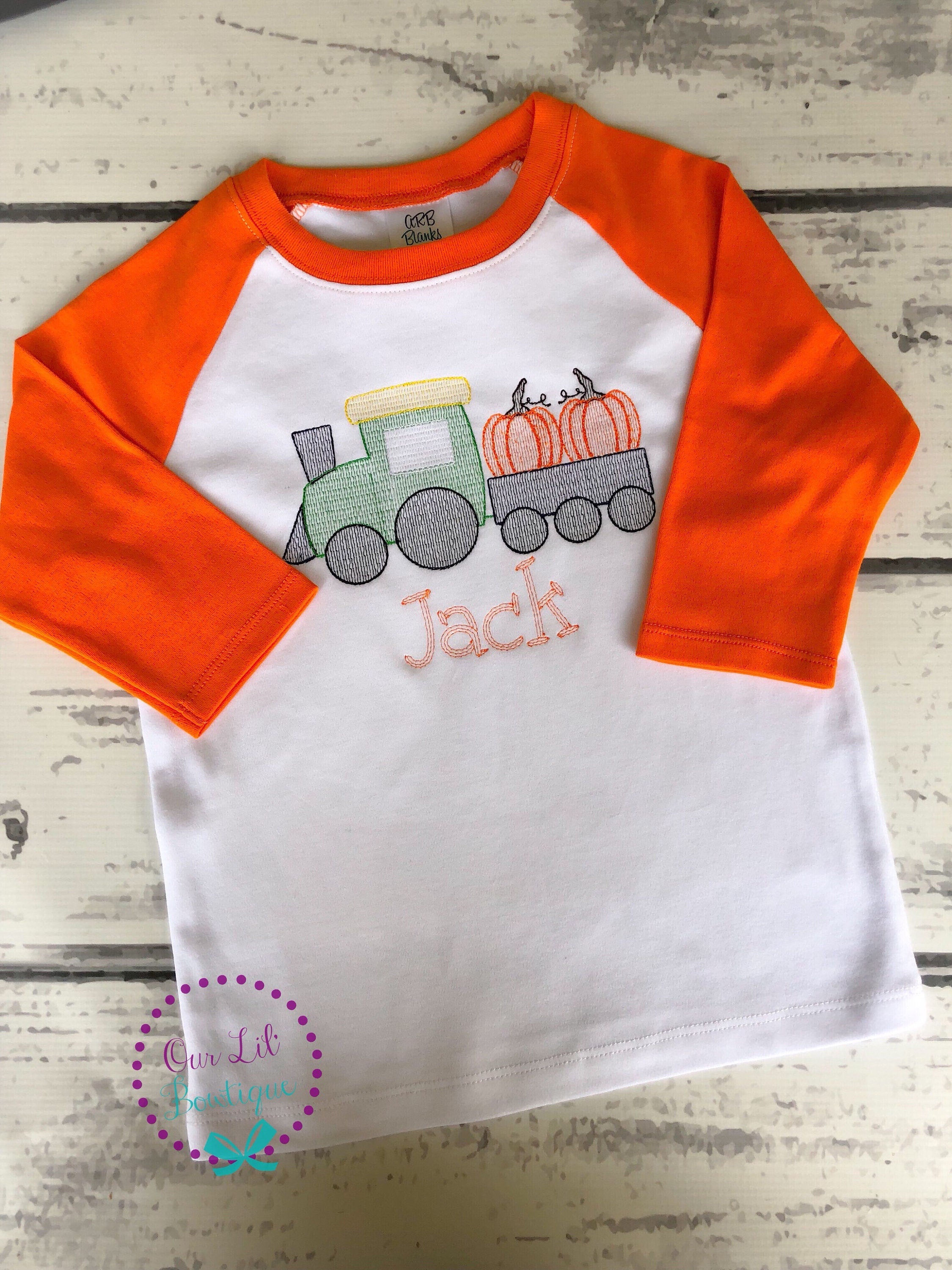 Embroidered Pumpkin Train Thanksgiving Shirt - Personalized Raglan
